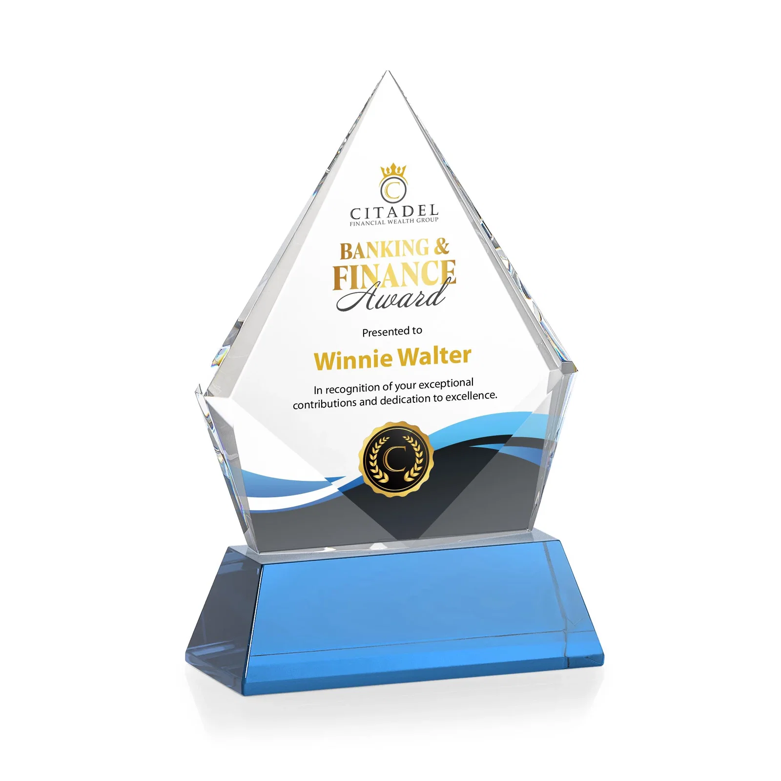 Custom engraved Optical Crystal Diamond Award With an Elongated Peak for employee recognition