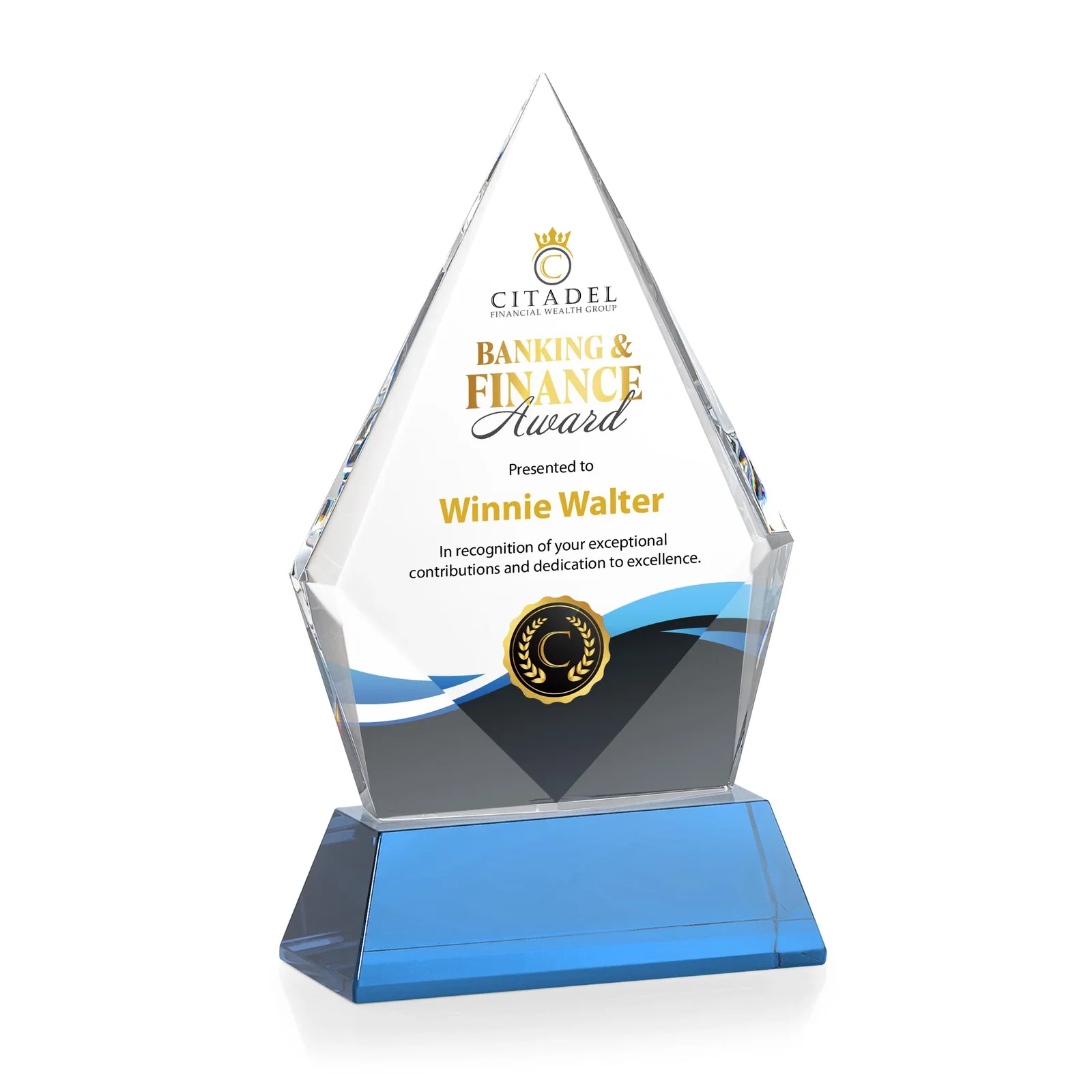 Custom engraved Optical Crystal Diamond Award With an Elongated Peak for corporate award ceremonies