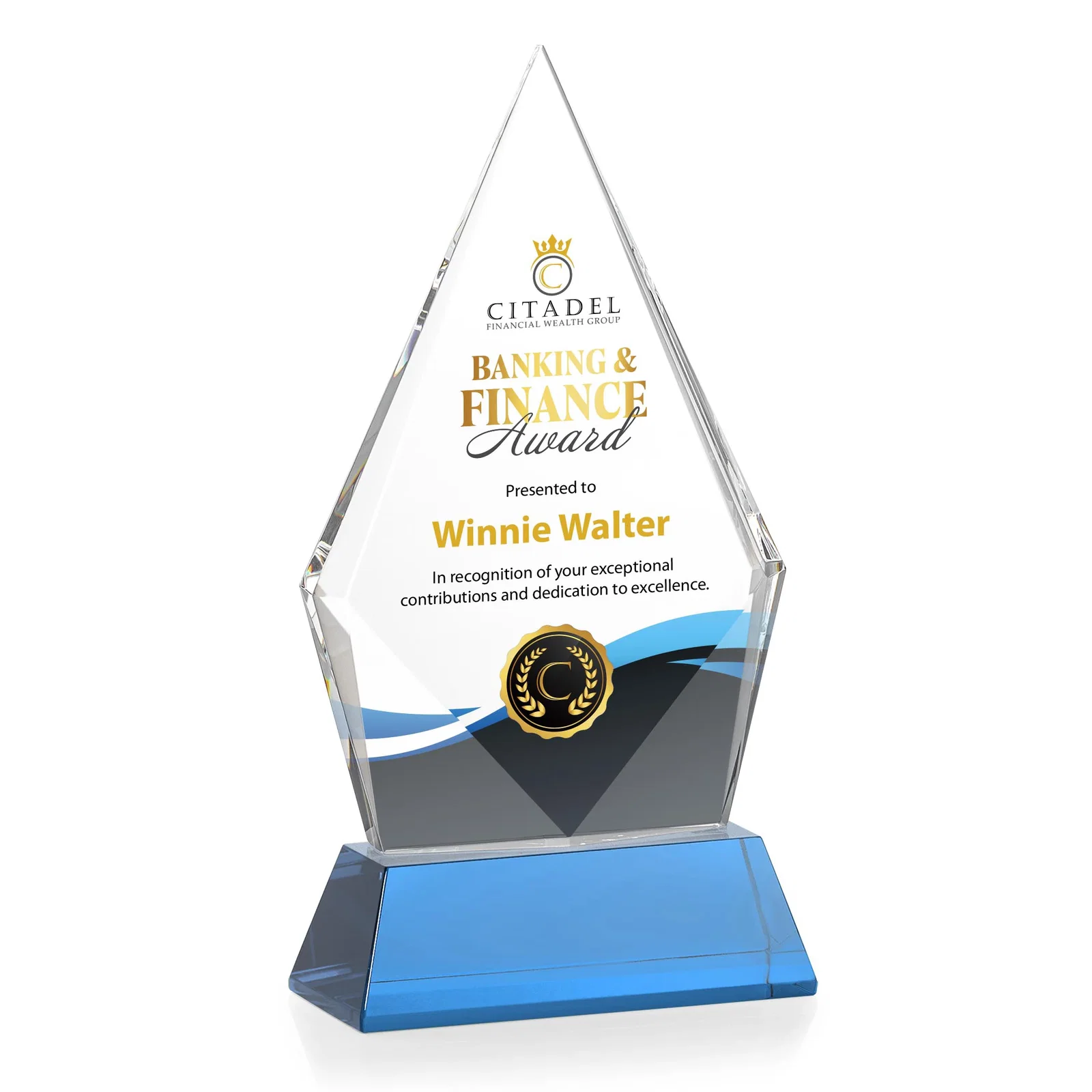 Custom engraved Optical Crystal Diamond Award With an Elongated Peak for service anniversary gifts
