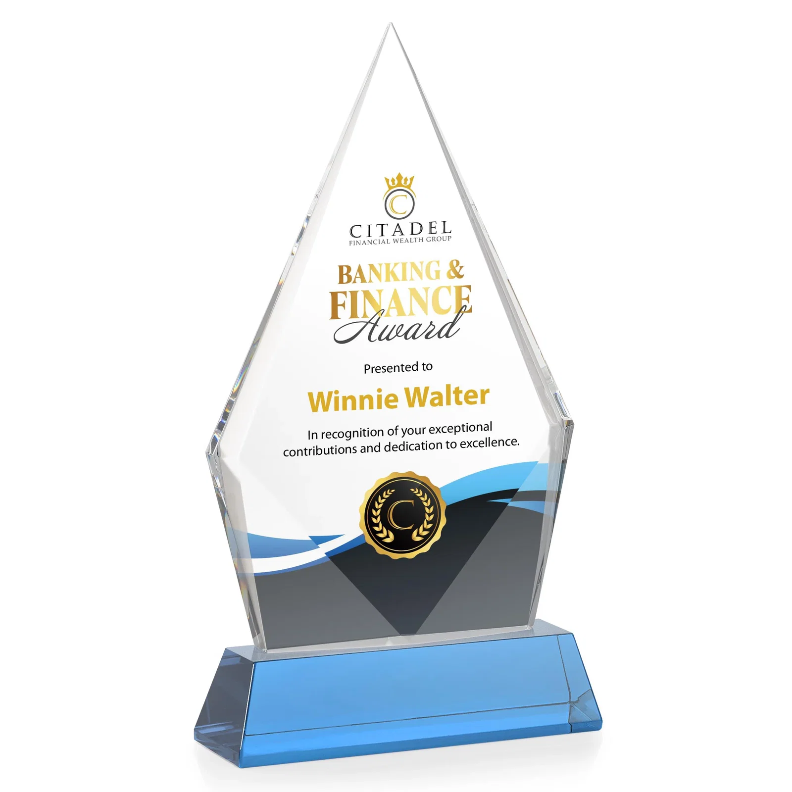 Custom engraved Optical Crystal Diamond Award With an Elongated Peak for sales achievement awards