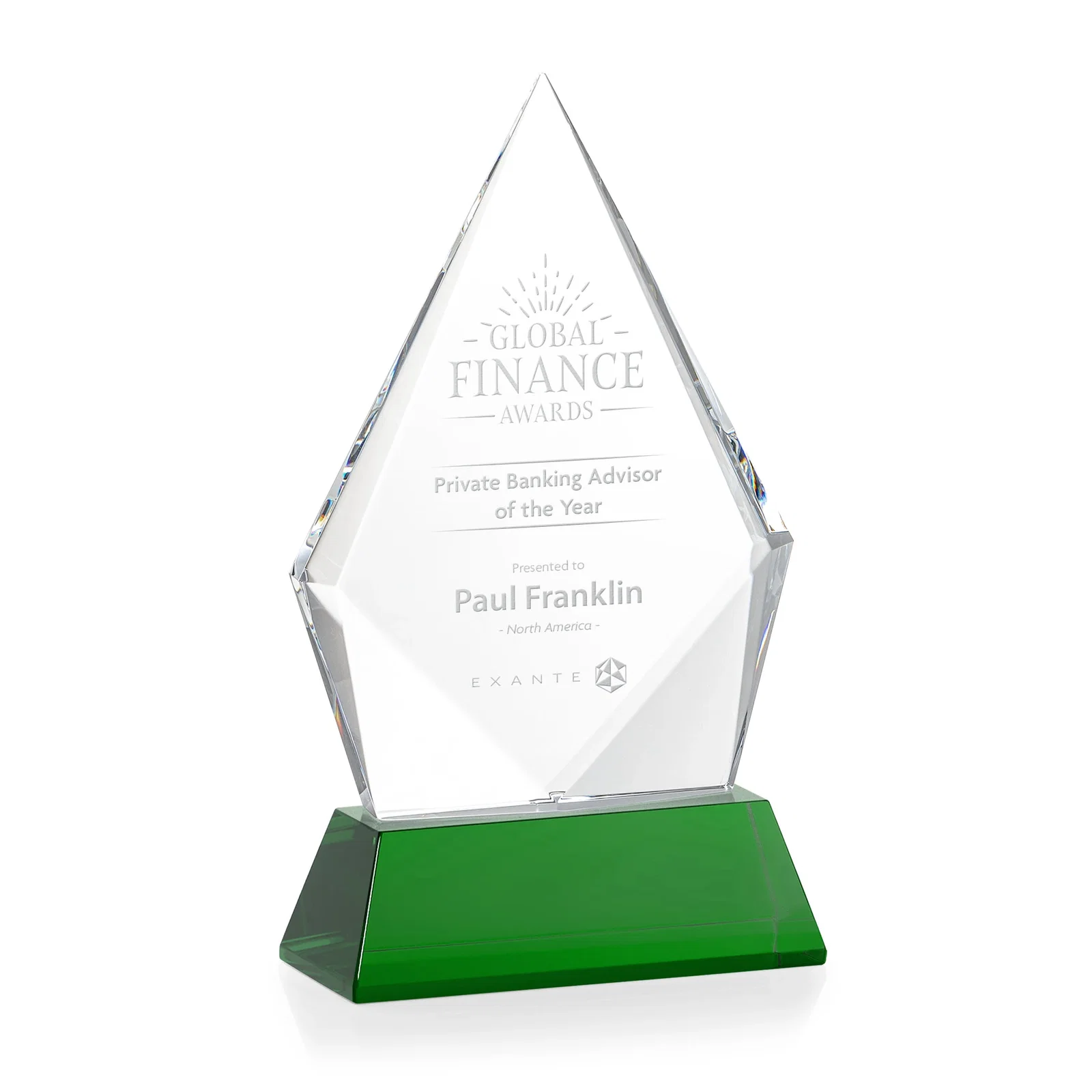 Custom Optical Crystal Diamond Award With an Elongated Peak for safety achievement programs