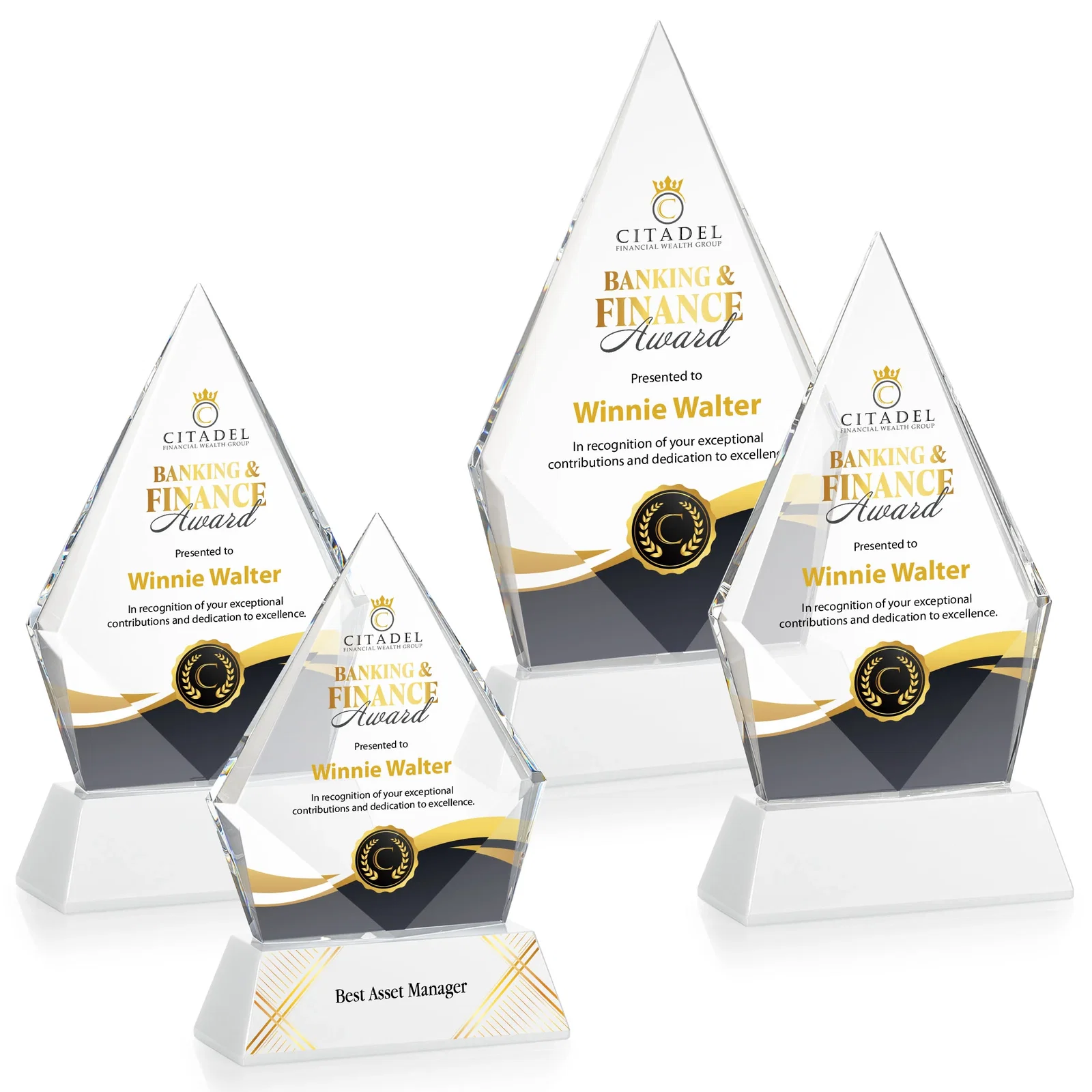 Custom engraved Optical Crystal Diamond Award With an Elongated Peak for retirement presentations