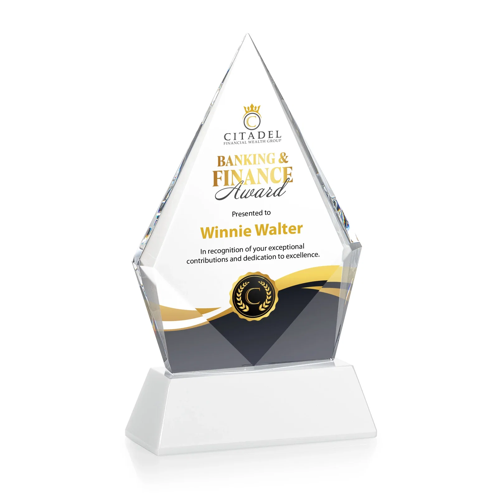 Custom engraved Optical Crystal Diamond Award With an Elongated Peak for donor appreciation