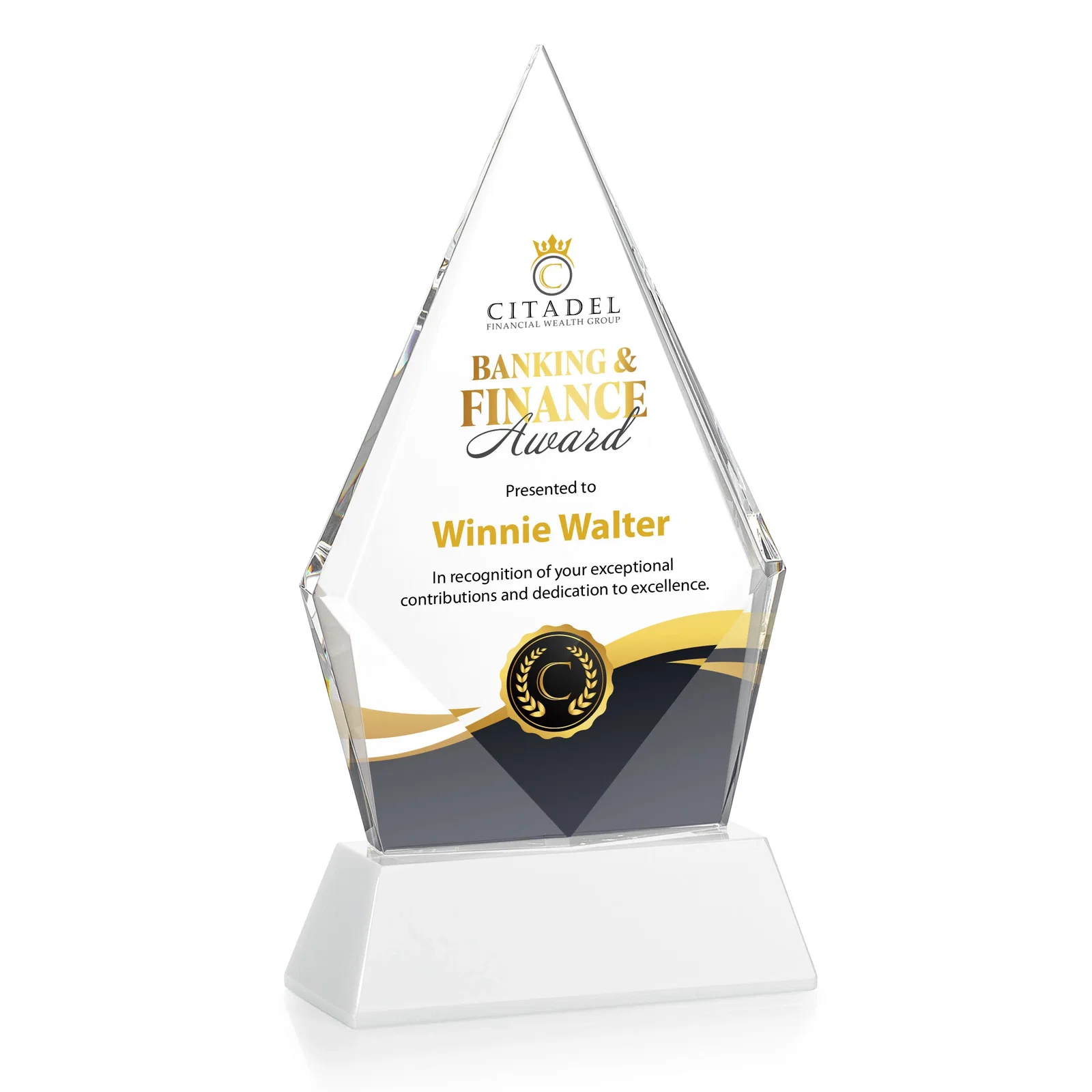 Custom engraved Optical Crystal Diamond Award With an Elongated Peak for graduation ceremonies