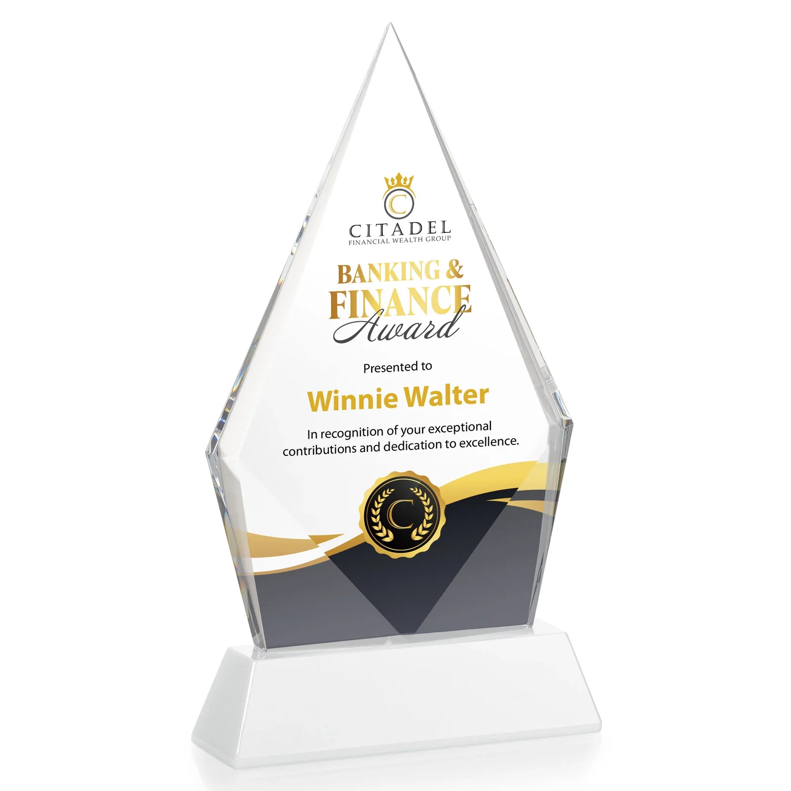 Custom engraved Optical Crystal Diamond Award With an Elongated Peak for safety achievement programs