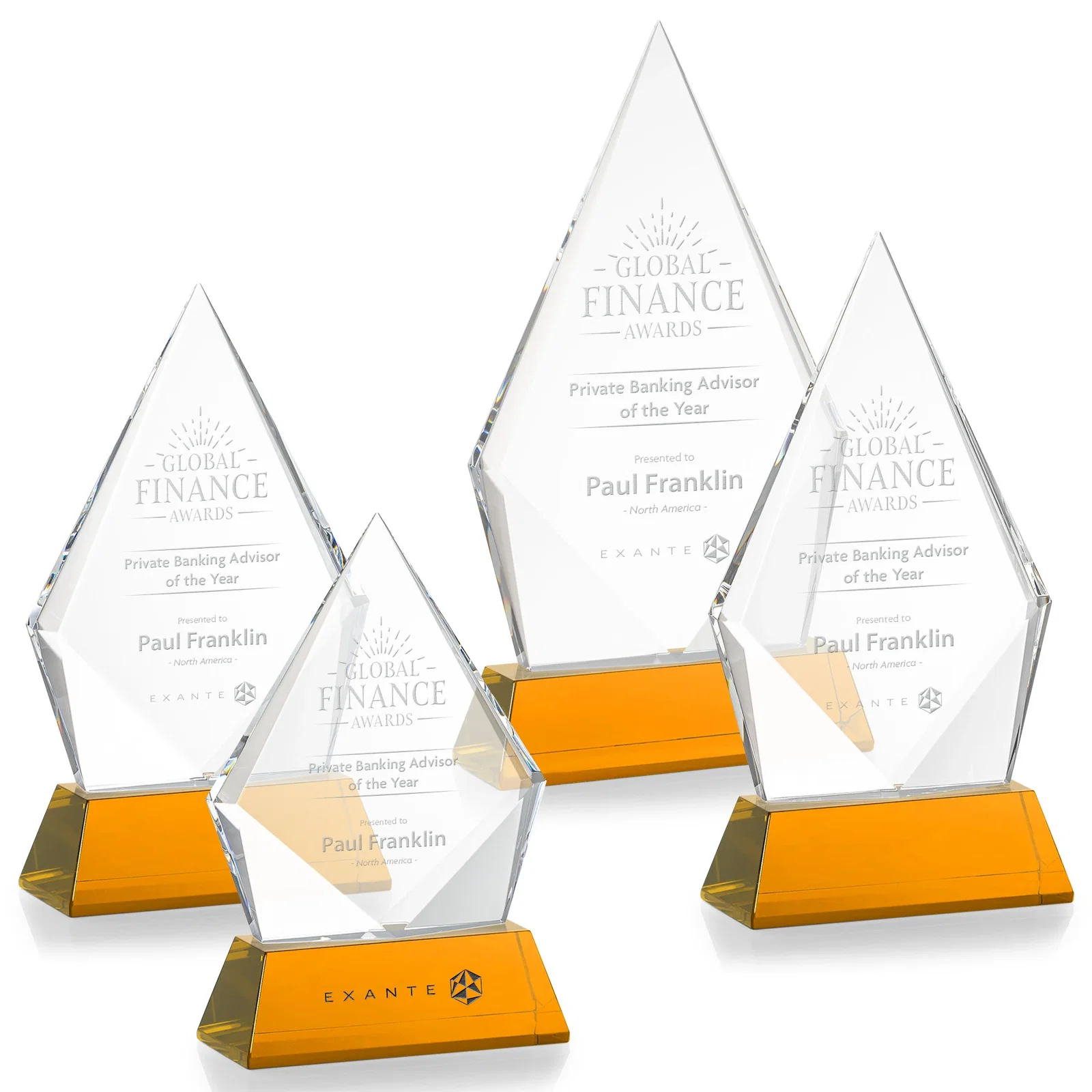 Custom engraved Optical Crystal Diamond Award With an Elongated Peak for volunteer appreciation