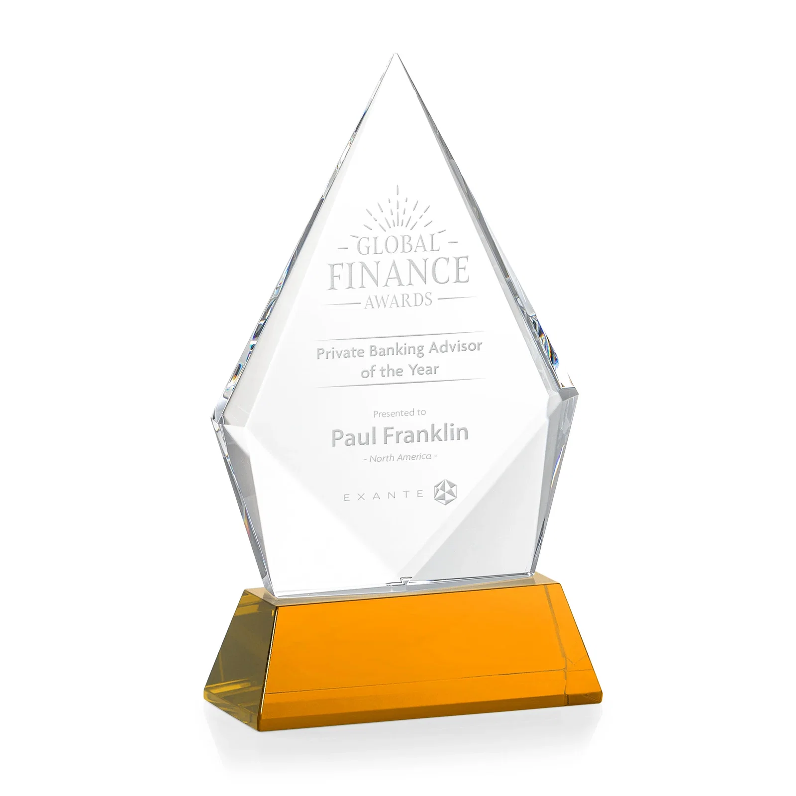 Custom engraved Optical Crystal Diamond Award With an Elongated Peak for company anniversary events