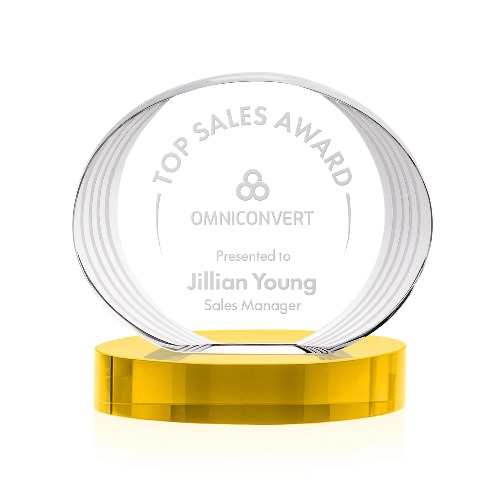 Custom Concave Optical Crystal Oval Award with a Metallic Gold Option, awards for company anniversary events