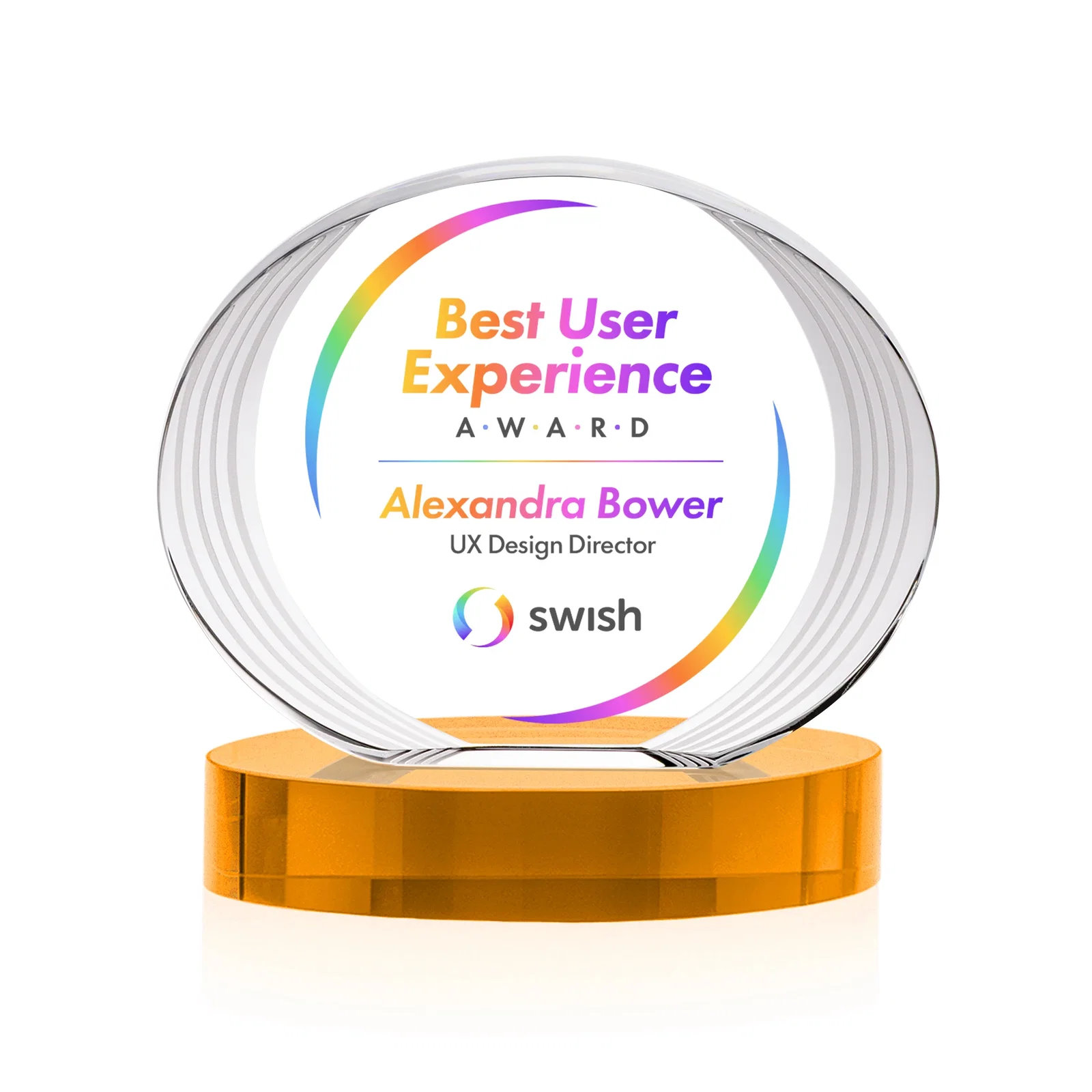 Branded Concave Optical Crystal Oval Award with a Metallic Gold Option, awards for graduation ceremonies