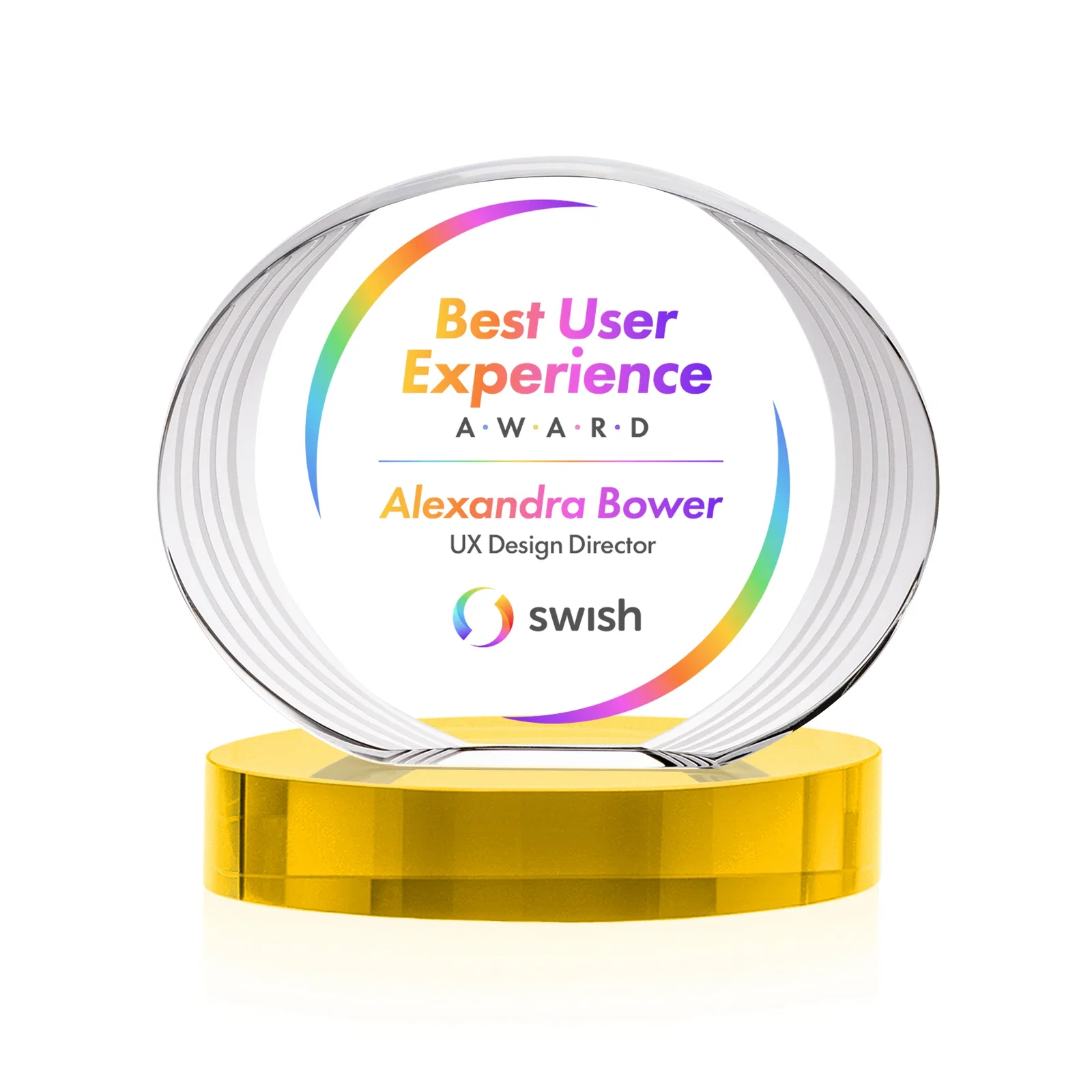 Branded Concave Optical Crystal Oval Award with a Metallic Gold Option, awards for company anniversary events