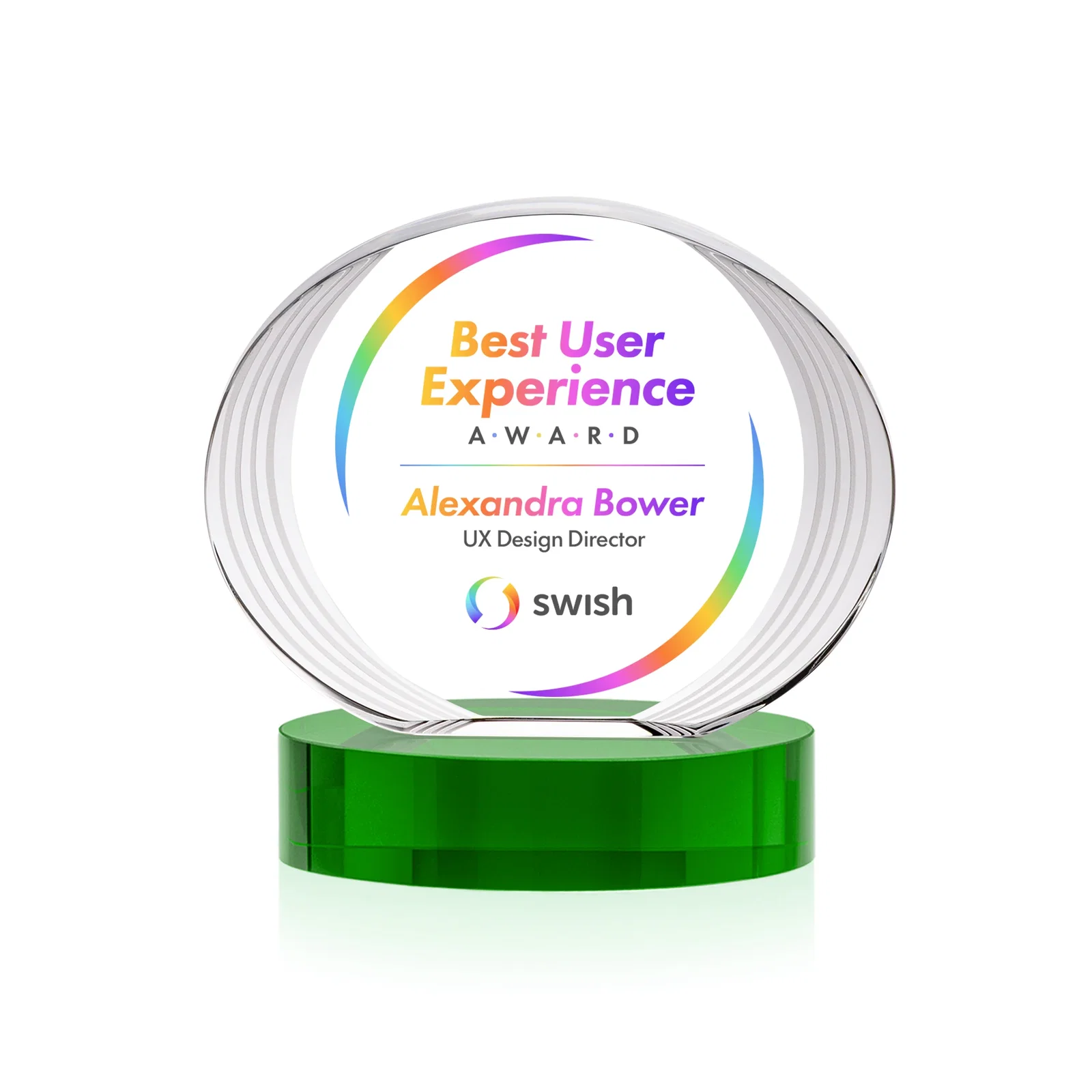 Custom printed Concave Optical Crystal Oval Award with a Metallic Gold Option, awards for service anniversary gifts