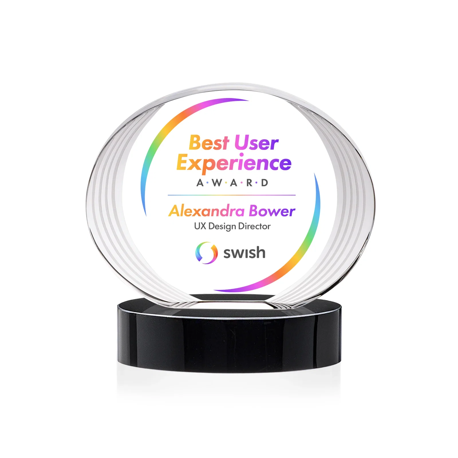 Custom printed Concave Optical Crystal Oval Award with a Metallic Gold Option, awards for donor appreciation