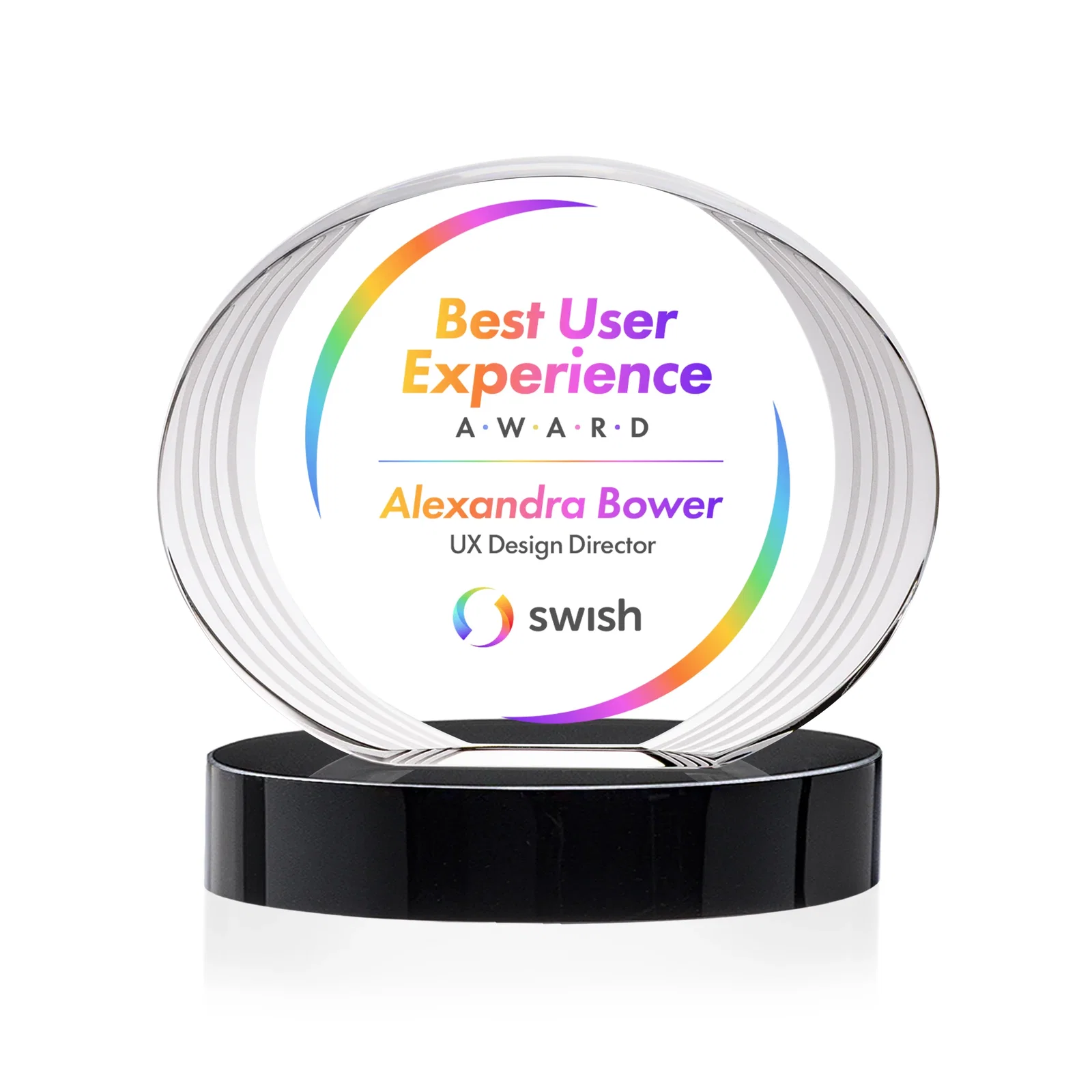 Custom printed Concave Optical Crystal Oval Award with a Metallic Gold Option, awards for graduation ceremonies