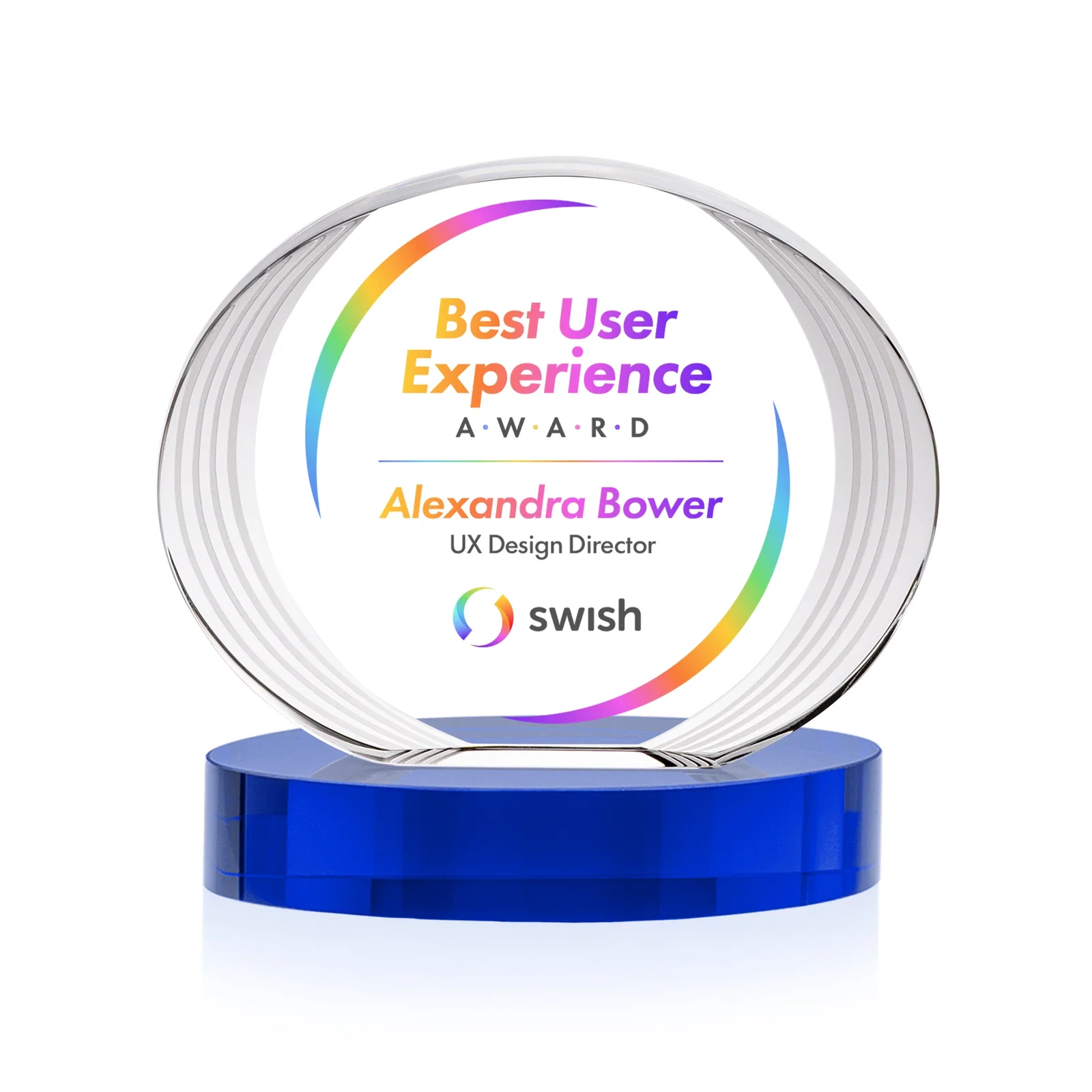 Custom printed Concave Optical Crystal Oval Award with a Metallic Gold Option, awards for company anniversary events