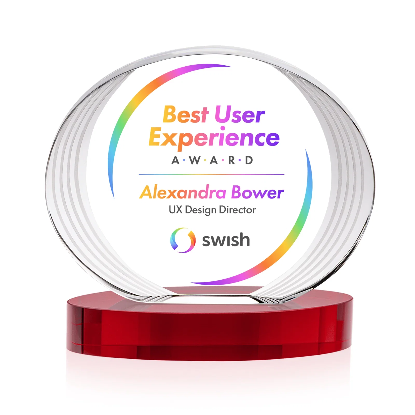 Customized Concave Optical Crystal Oval Award with a Metallic Gold Option, awards for retirement presentations