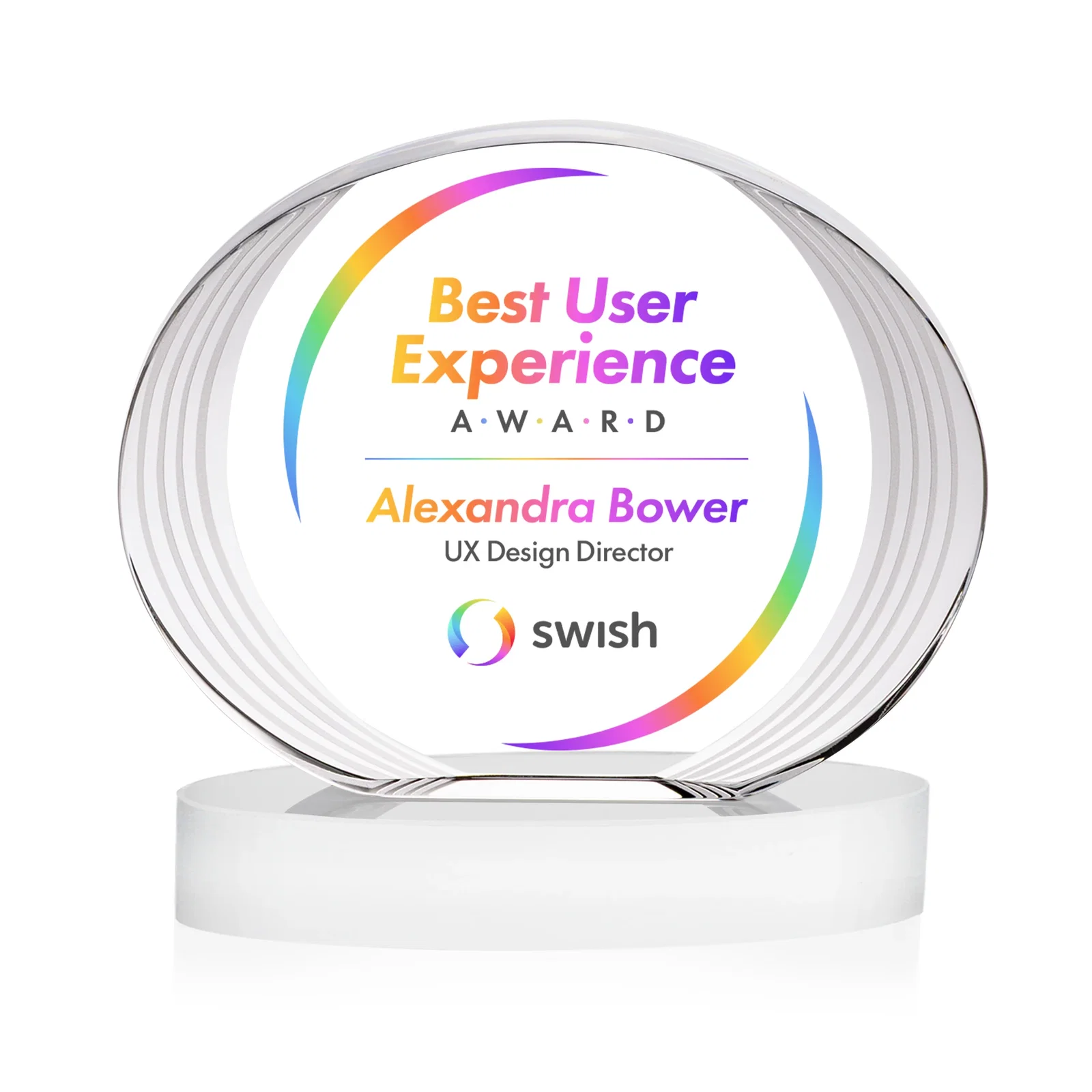 Custom engraved Concave Optical Crystal Oval Award with a Metallic Gold Option, awards for employee recognition