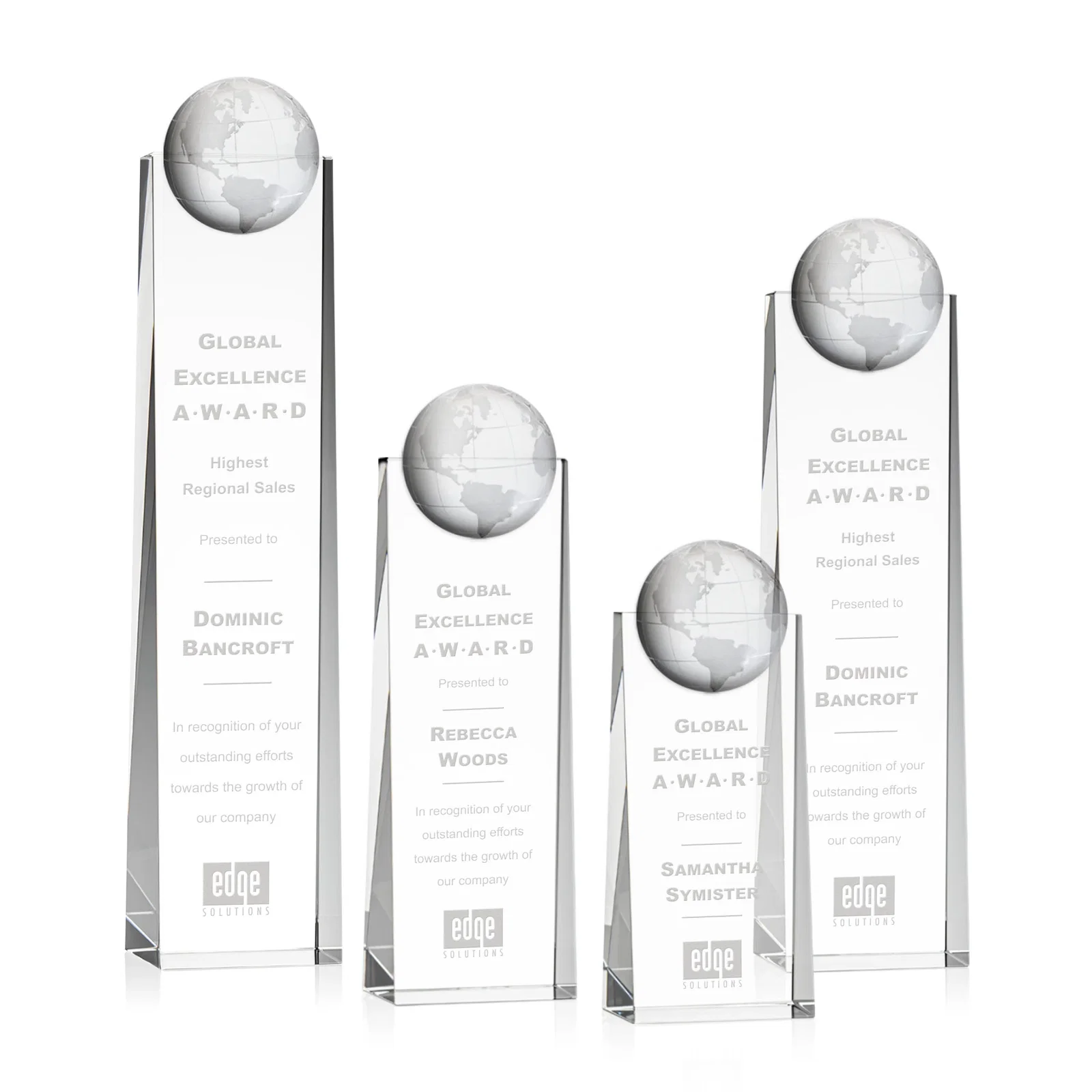 Custom Optical Crystal Tower Award With Molded 3D Globe for employee recognition