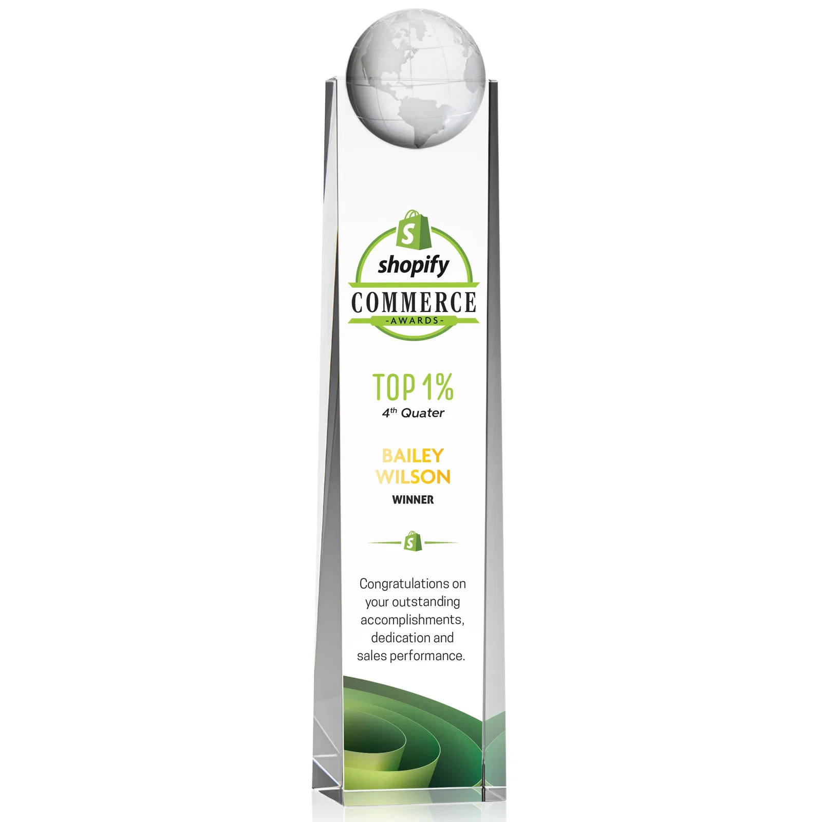 Custom Optical Crystal Tower Award With Molded 3D Globe for volunteer appreciation
