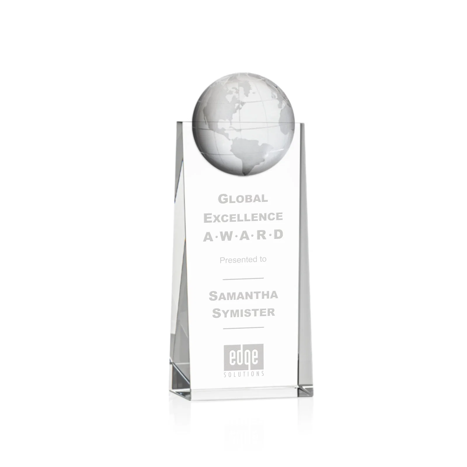 Custom Optical Crystal Tower Award With Molded 3D Globe for corporate award ceremonies