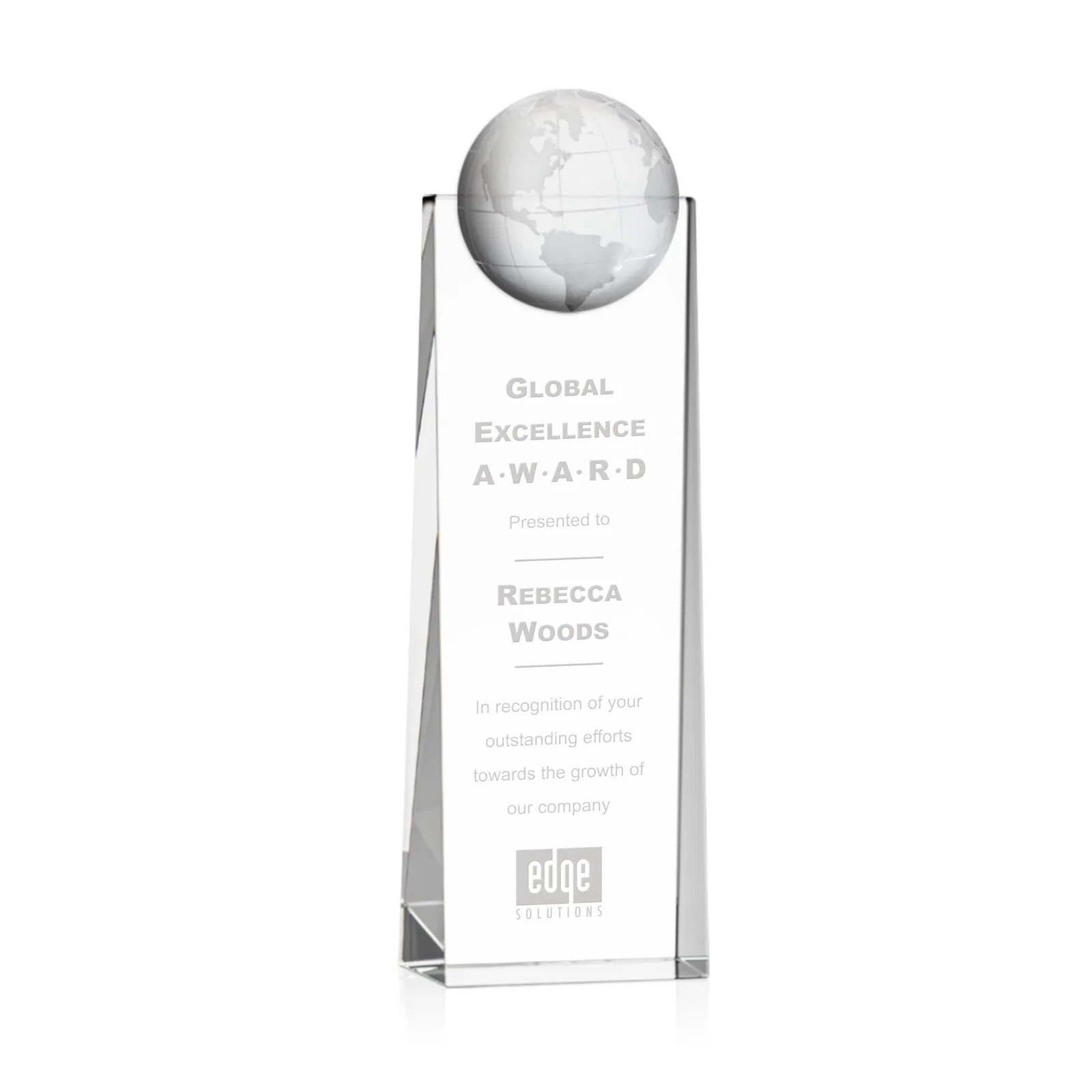 Custom Optical Crystal Tower Award With Molded 3D Globe for service anniversary gifts