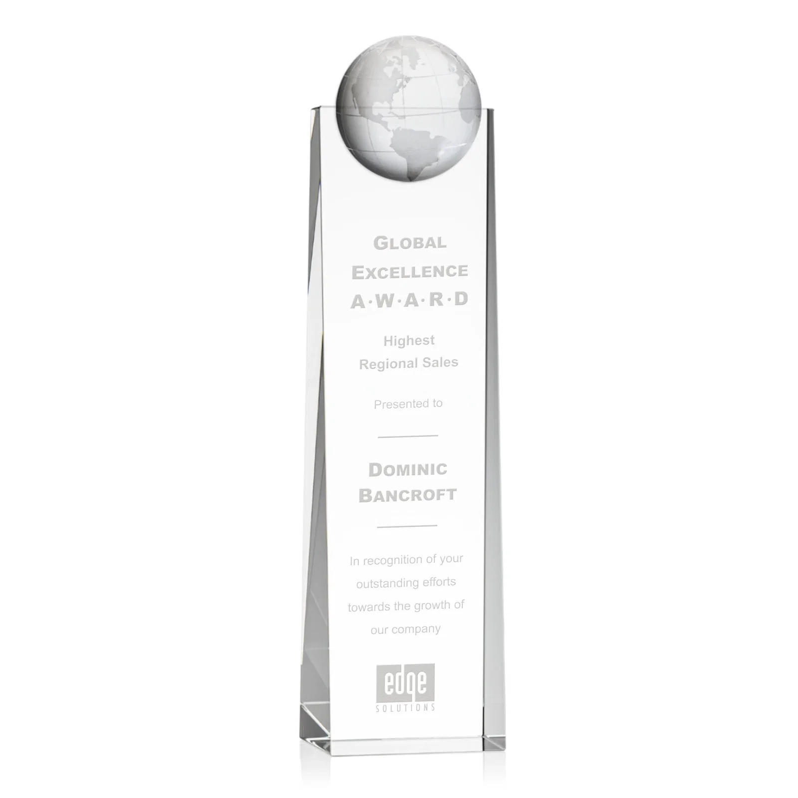 Custom Optical Crystal Tower Award With Molded 3D Globe for sales achievement awards