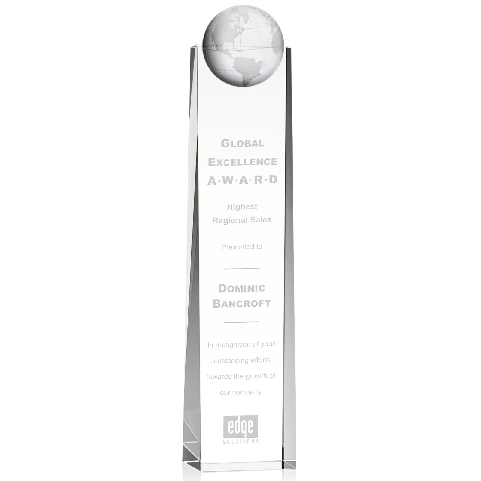 Custom Optical Crystal Tower Award With Molded 3D Globe for retirement presentations