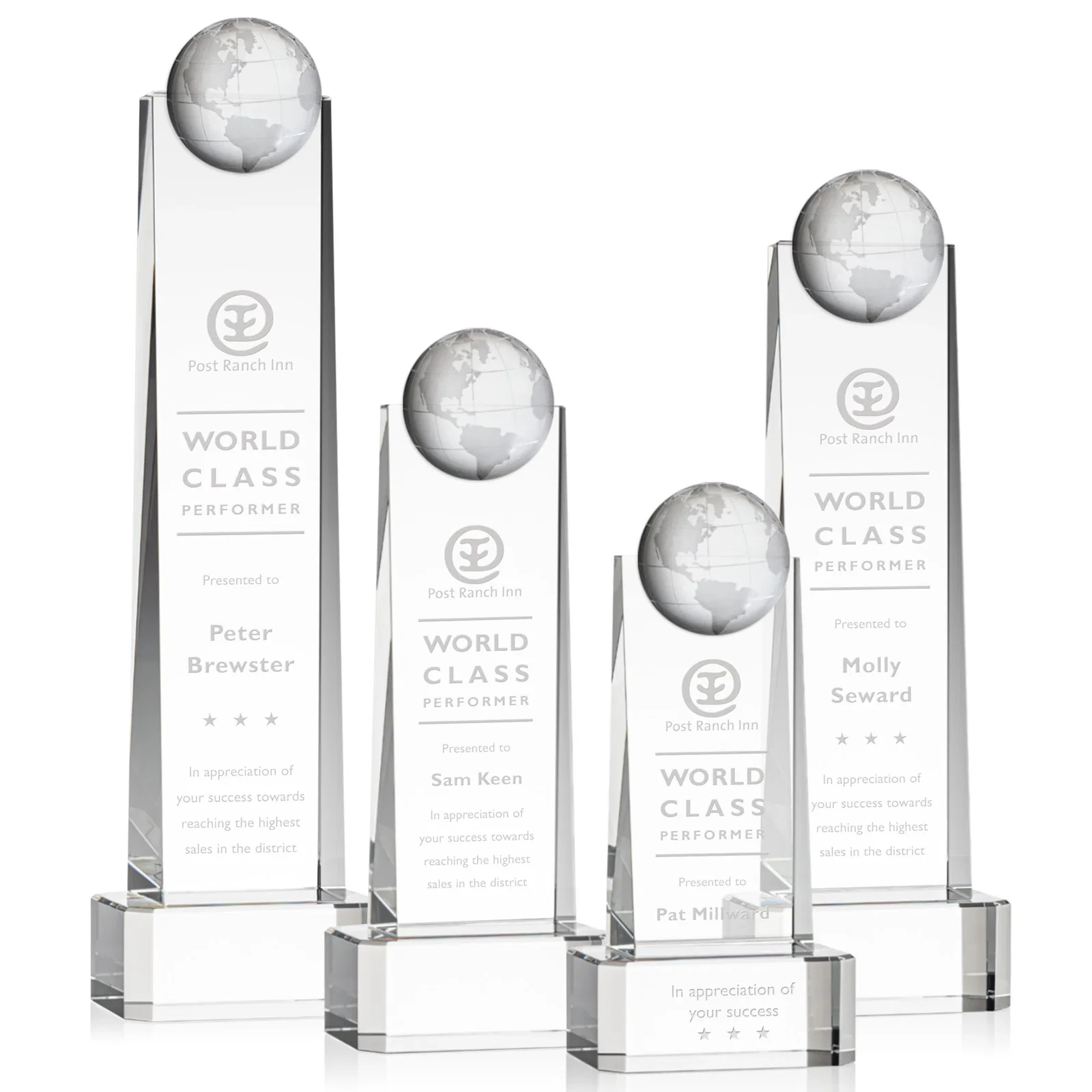 Custom Optical Crystal Tower Award With a Front-Mounted 3D Globe for employee recognition