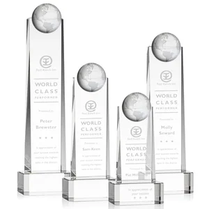 Optical Crystal Tower Award With a Front-Mounted 3D Globe