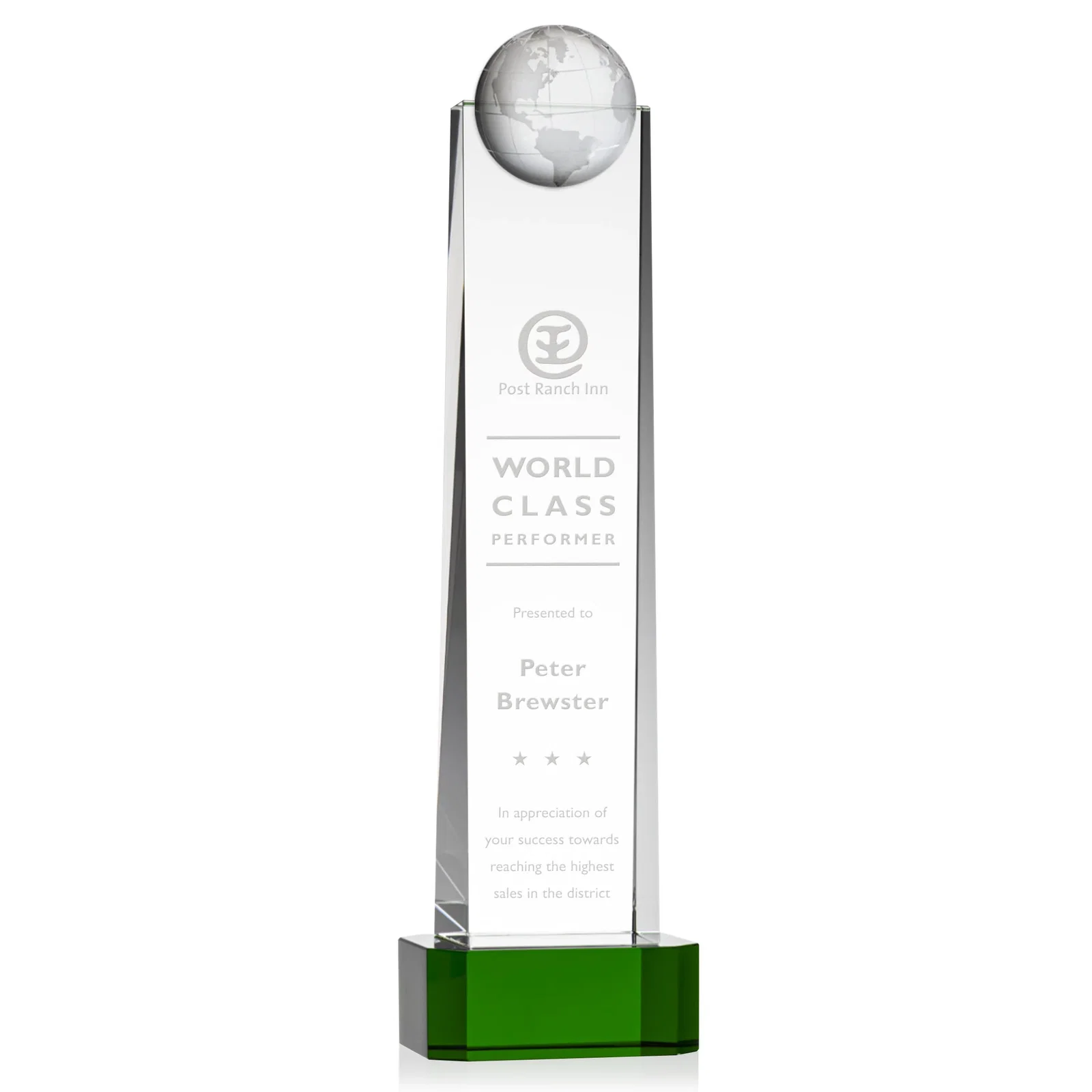 Custom Optical Crystal Tower Award With a Front-Mounted 3D Globe for volunteer appreciation