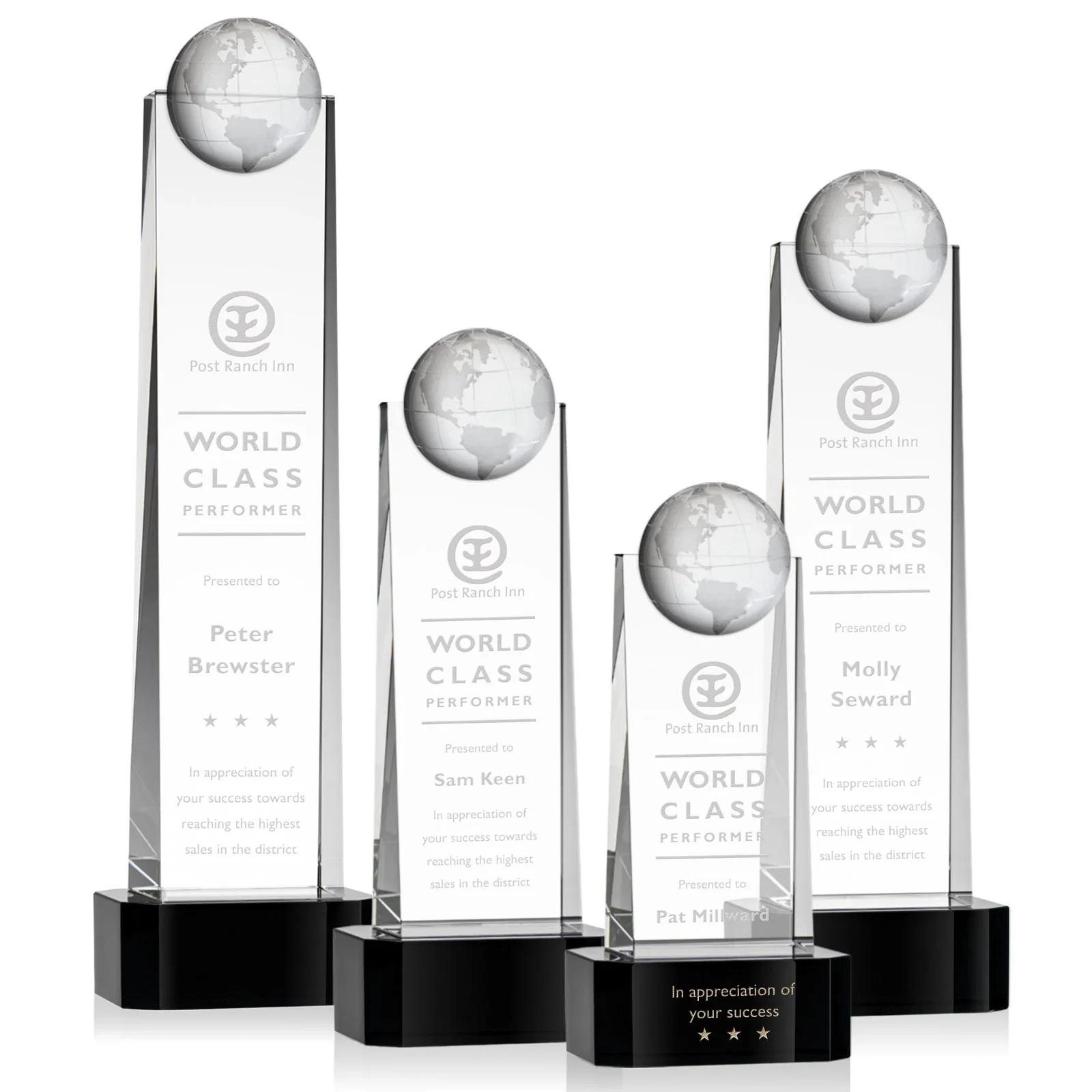 Custom Optical Crystal Tower Award With a Front-Mounted 3D Globe for dealer and partner awards