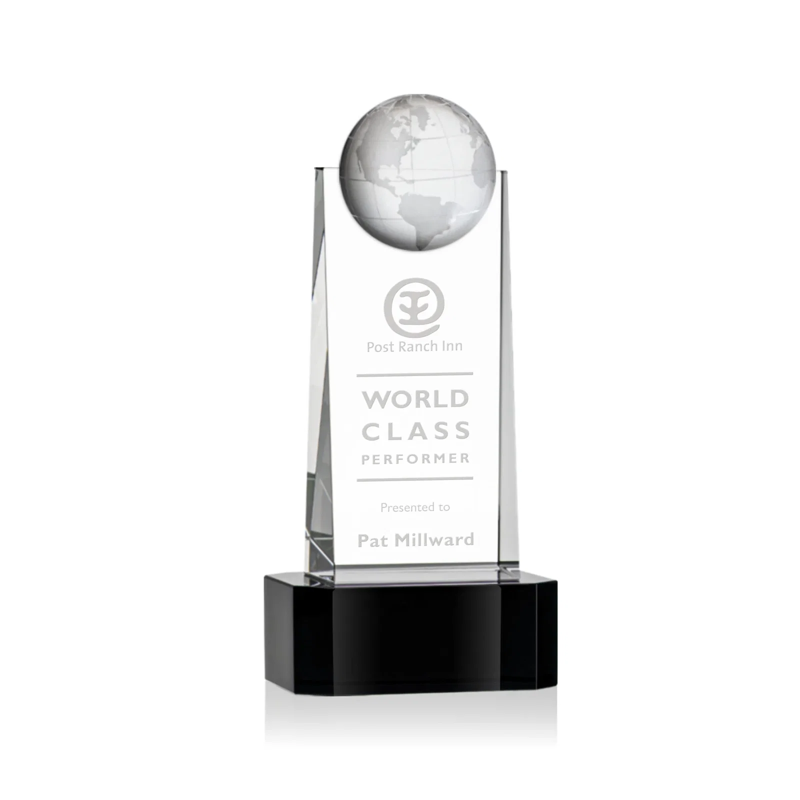 Custom Optical Crystal Tower Award With a Front-Mounted 3D Globe for company anniversary events