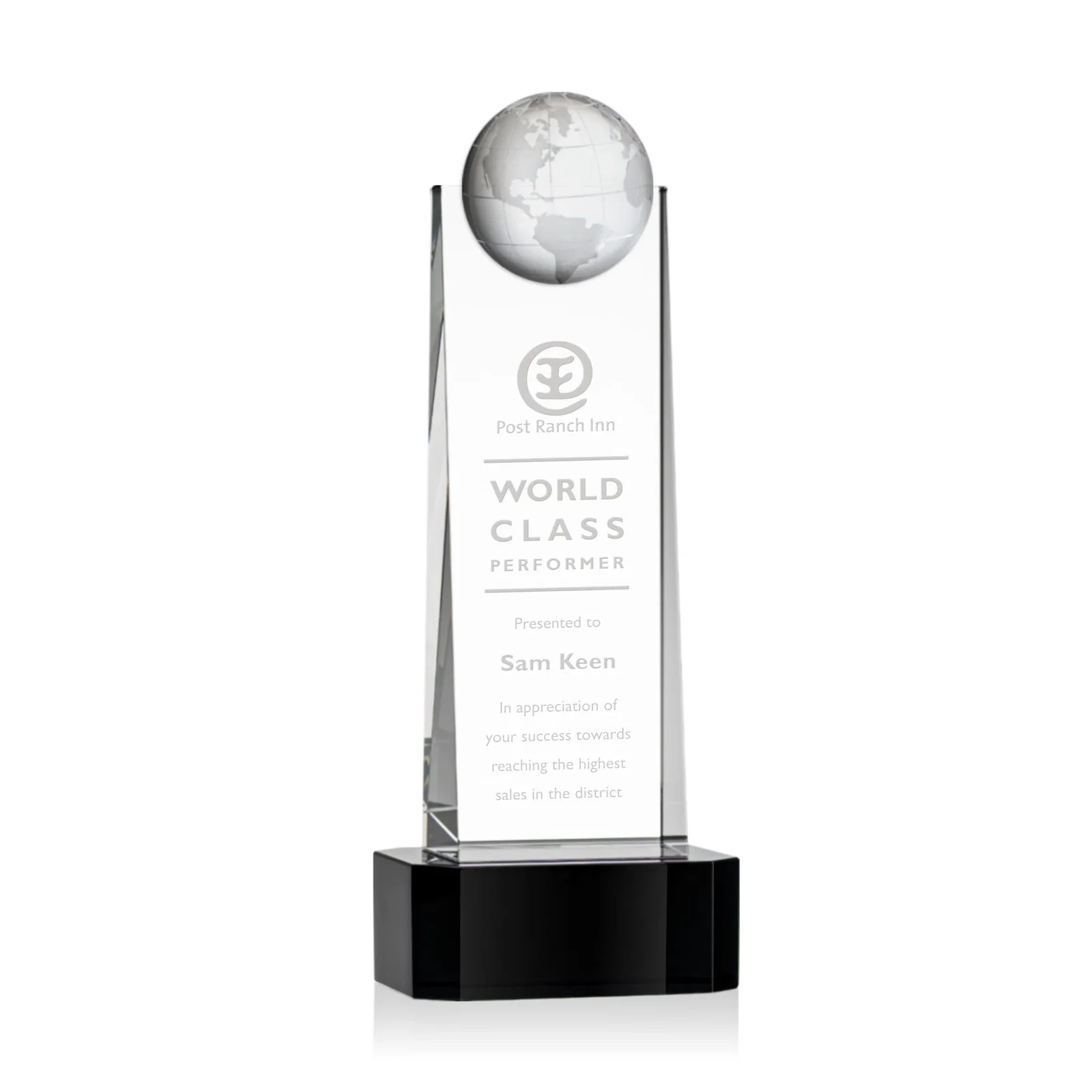 Personalized Optical Crystal Tower Award With a Front-Mounted 3D Globe for employee recognition
