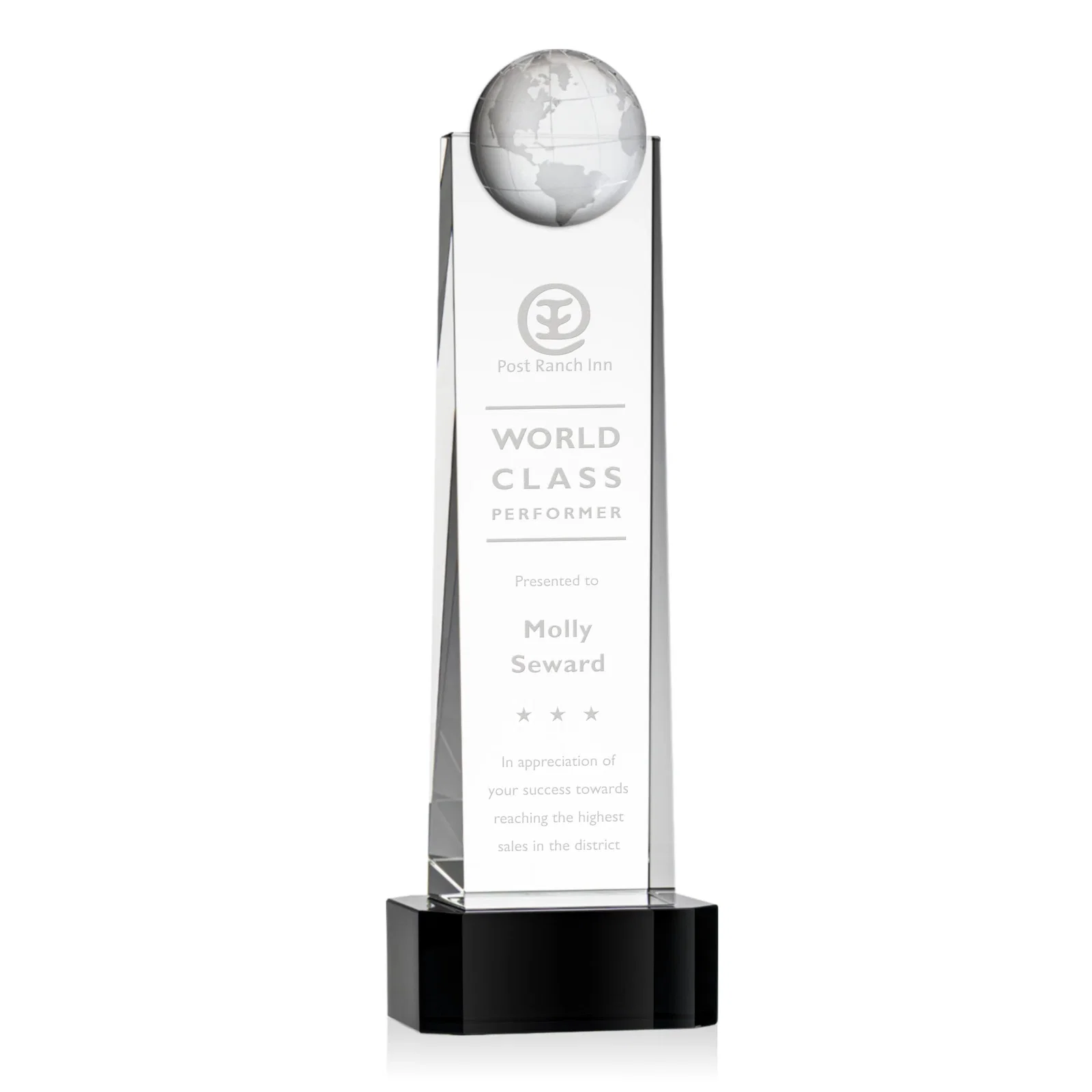 Personalized Optical Crystal Tower Award With a Front-Mounted 3D Globe for corporate award ceremonies
