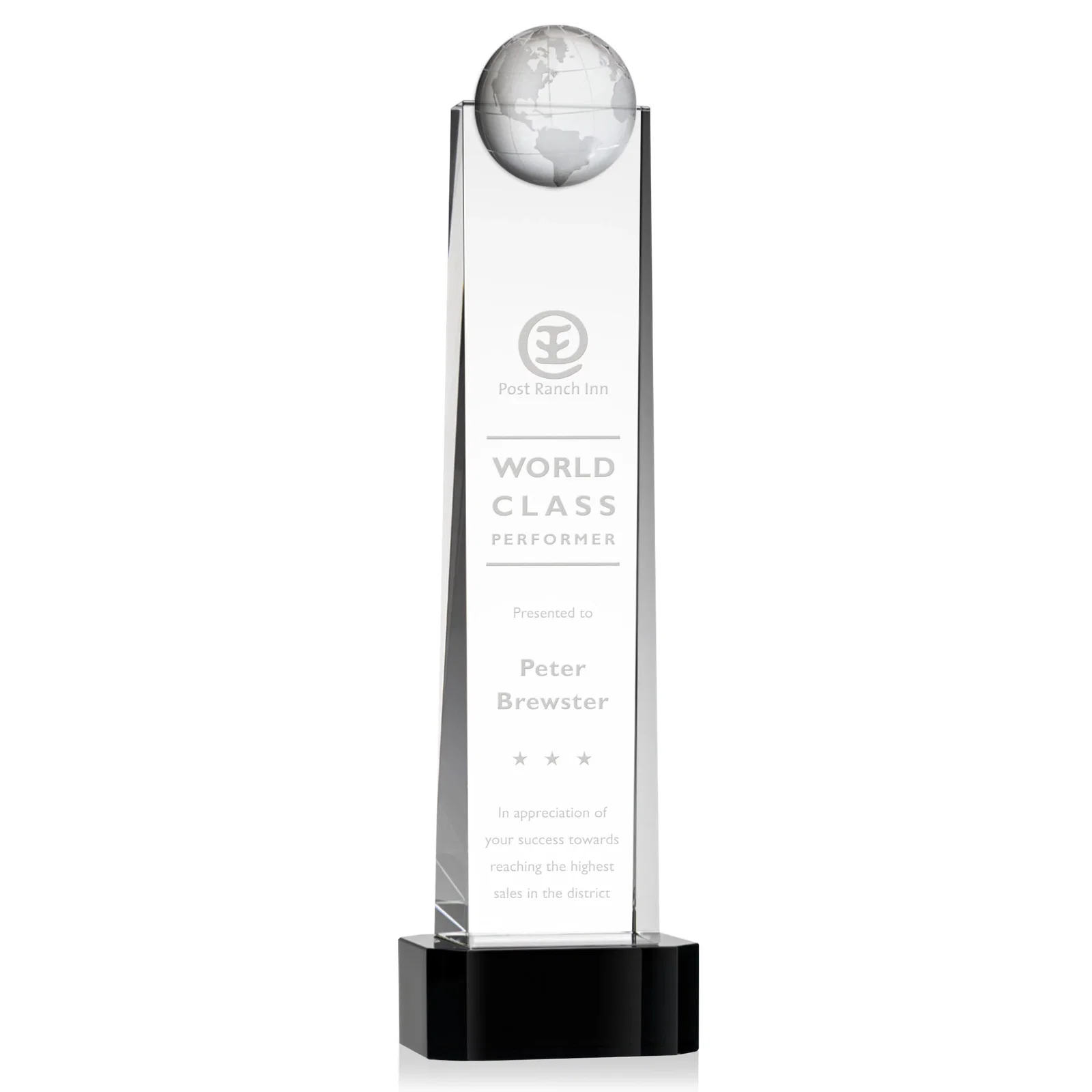 Personalized Optical Crystal Tower Award With a Front-Mounted 3D Globe for service anniversary gifts