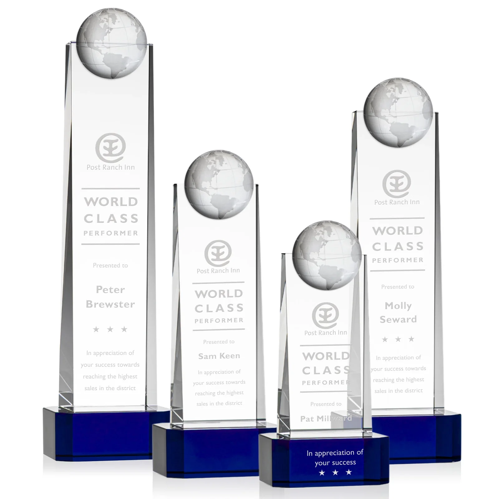 Personalized Optical Crystal Tower Award With a Front-Mounted 3D Globe for sales achievement awards