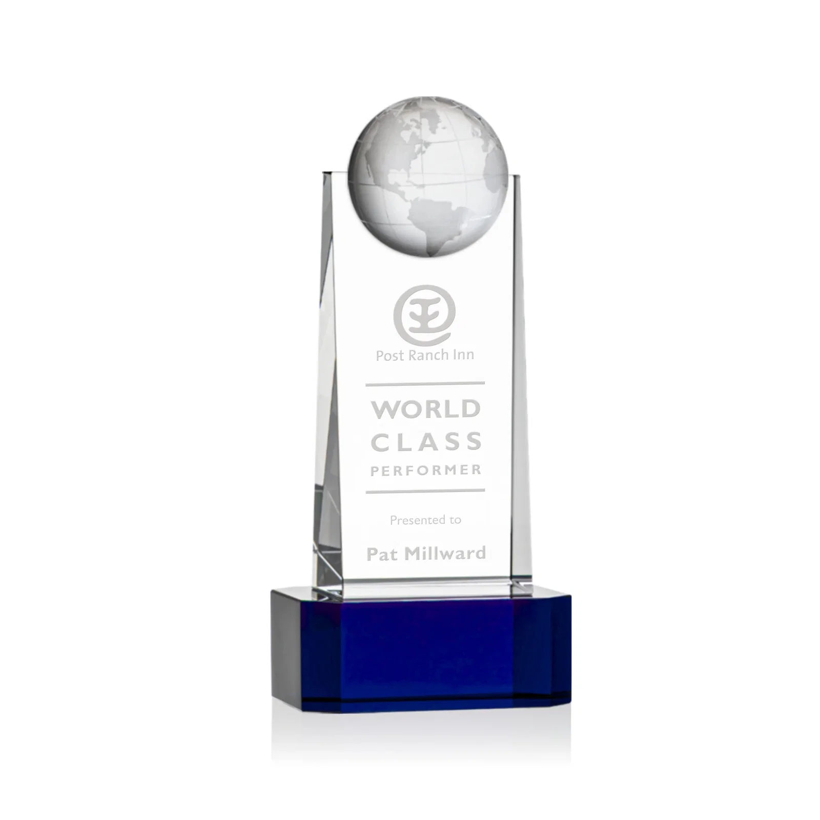 Personalized Optical Crystal Tower Award With a Front-Mounted 3D Globe for retirement presentations