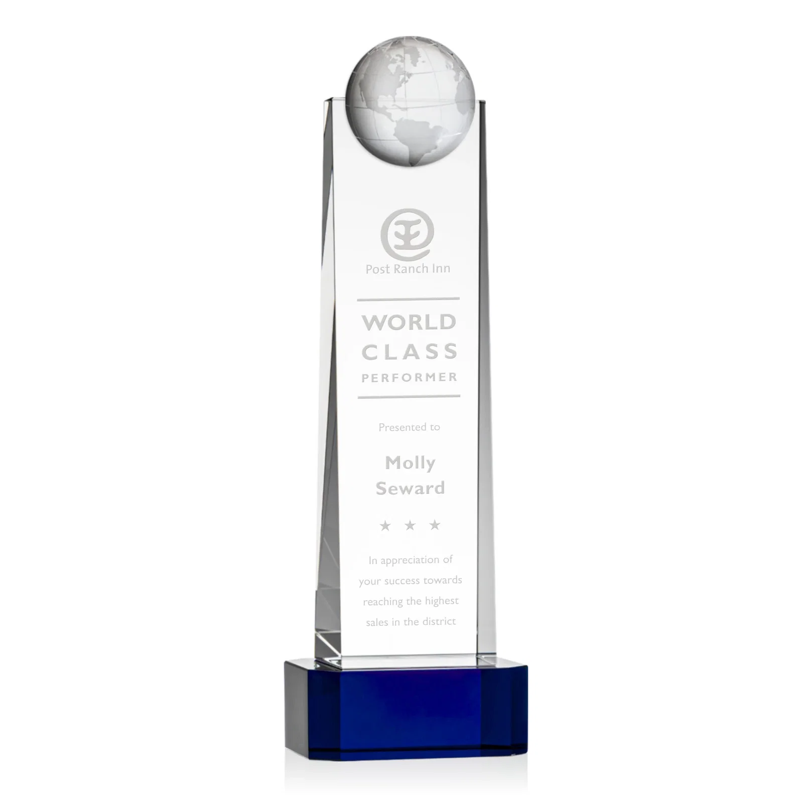 Personalized Optical Crystal Tower Award With a Front-Mounted 3D Globe for donor appreciation
