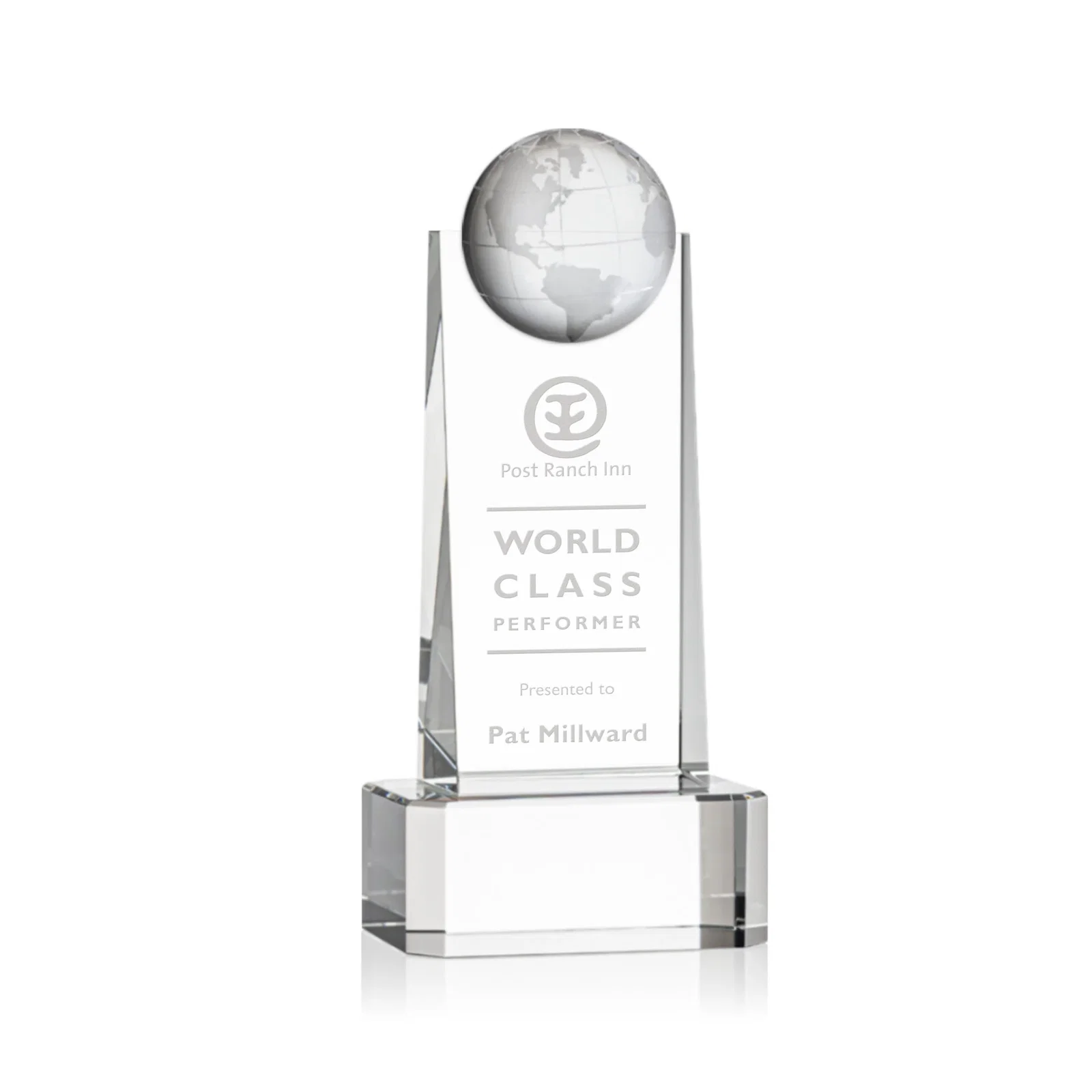 Custom Optical Crystal Tower Award With a Front-Mounted 3D Globe for corporate award ceremonies