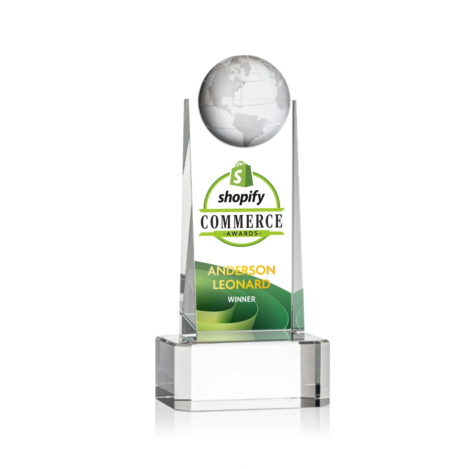 Personalized Optical Crystal Tower Award With a Front-Mounted 3D Globe for volunteer appreciation