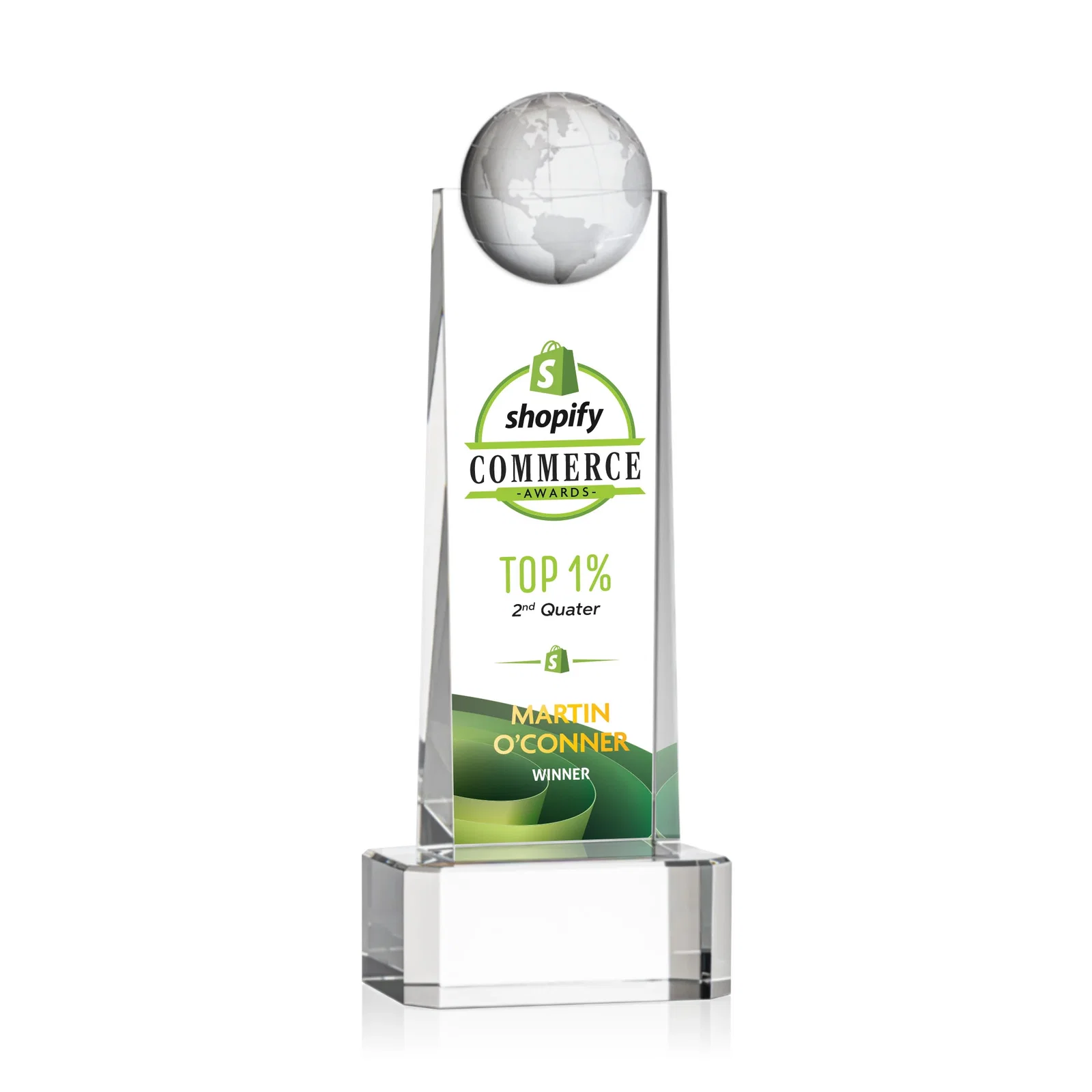 Personalized Optical Crystal Tower Award With a Front-Mounted 3D Globe for dealer and partner awards