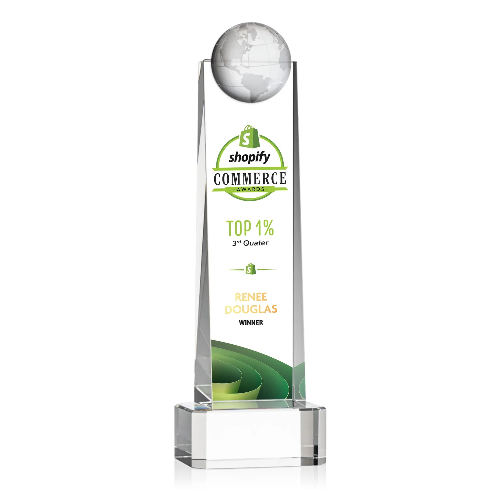 Personalized Optical Crystal Tower Award With a Front-Mounted 3D Globe for company anniversary events