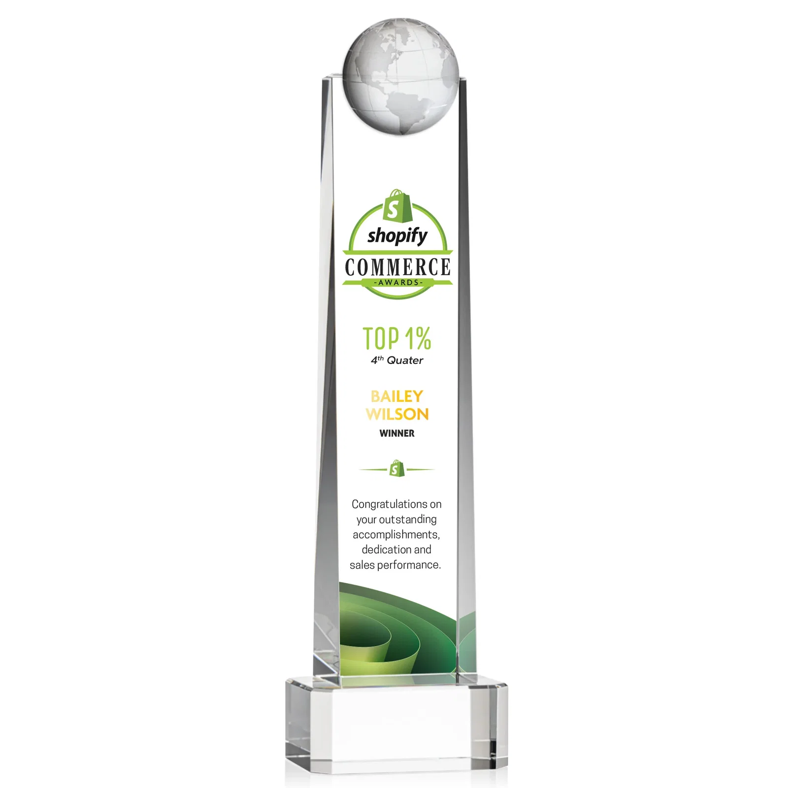 Promotional Optical Crystal Tower Award With a Front-Mounted 3D Globe for employee recognition