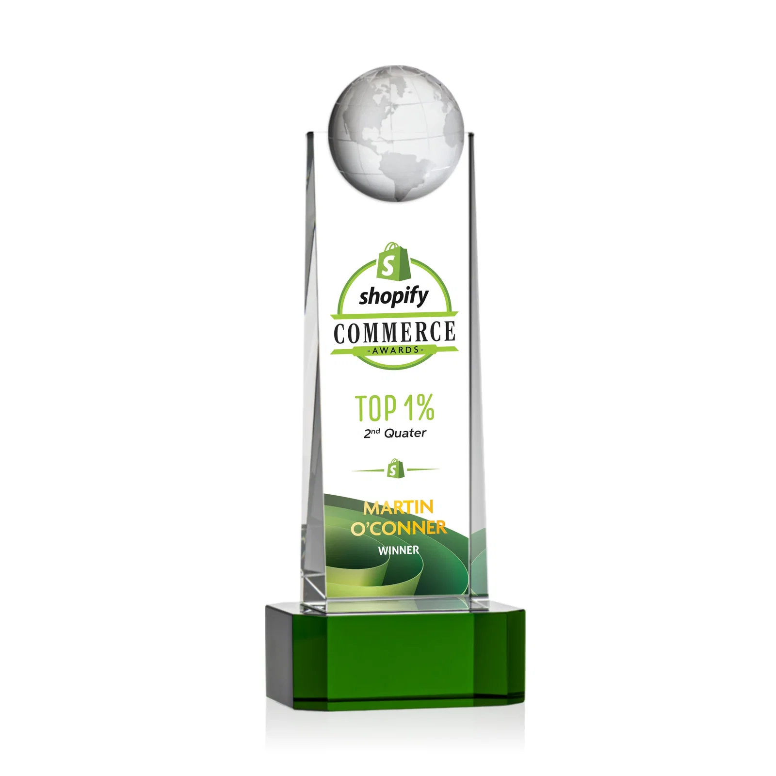 Promotional Optical Crystal Tower Award With a Front-Mounted 3D Globe for sales achievement awards
