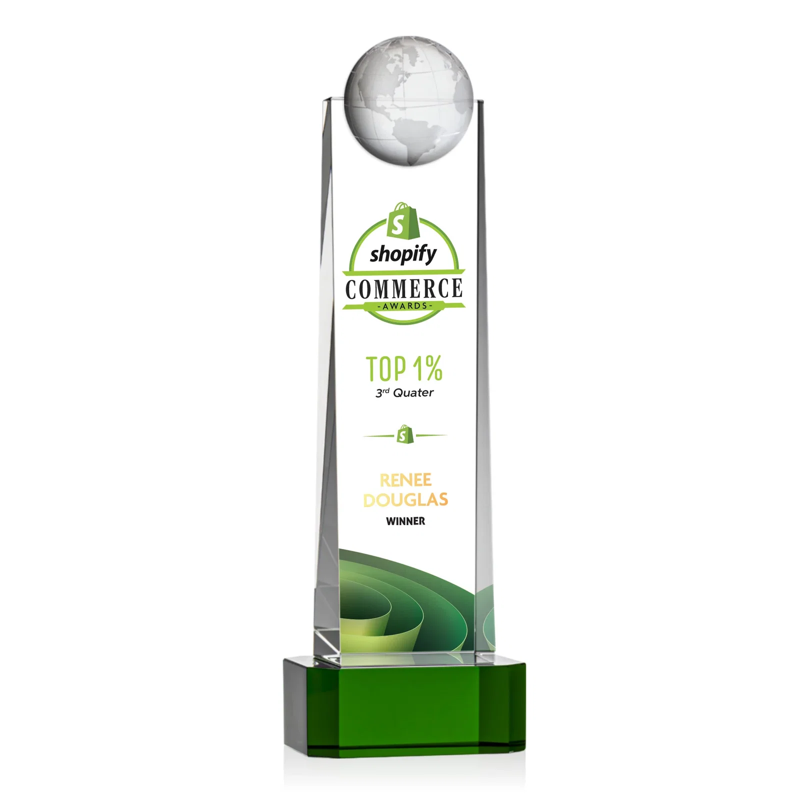 Promotional Optical Crystal Tower Award With a Front-Mounted 3D Globe for retirement presentations