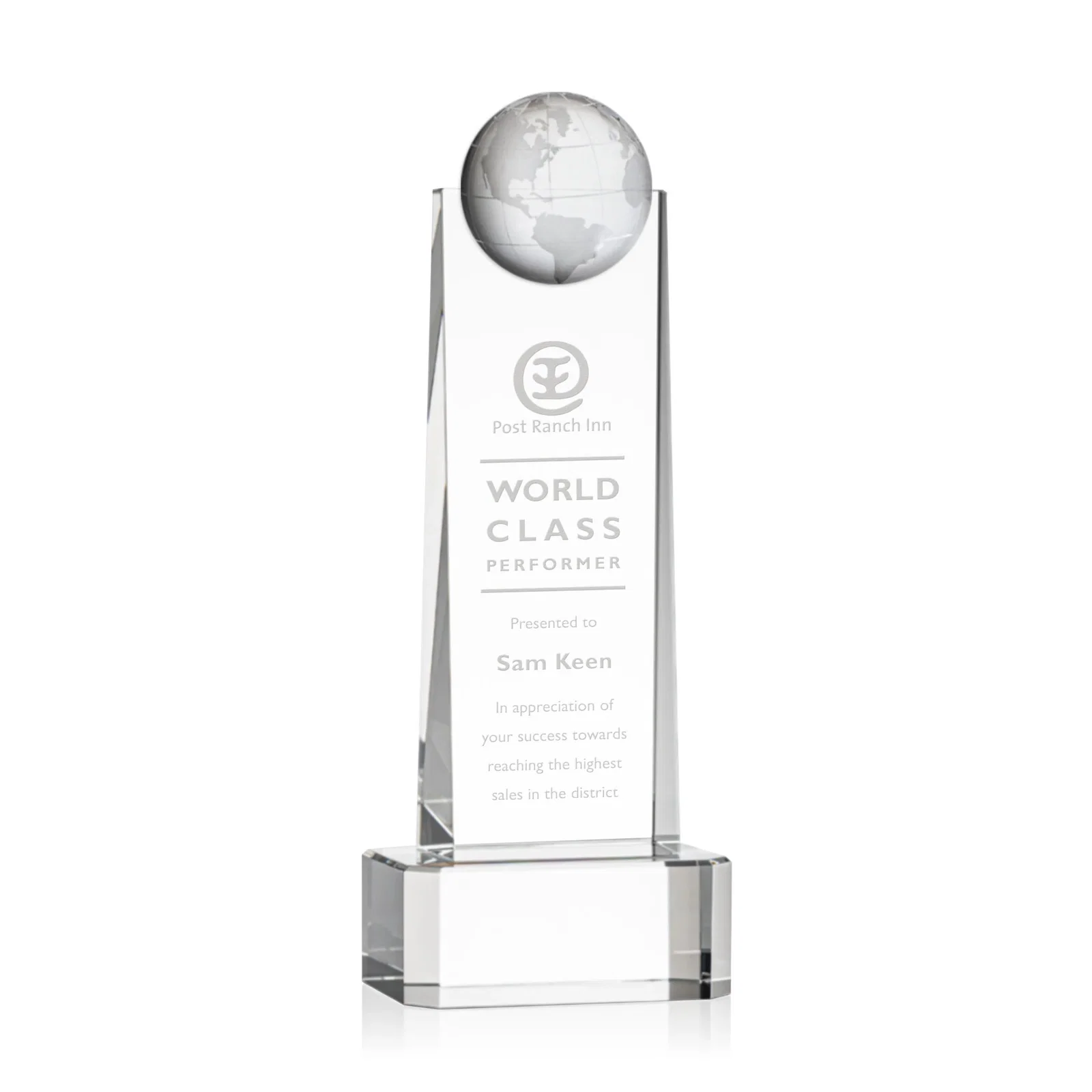 Custom Optical Crystal Tower Award With a Front-Mounted 3D Globe for service anniversary gifts