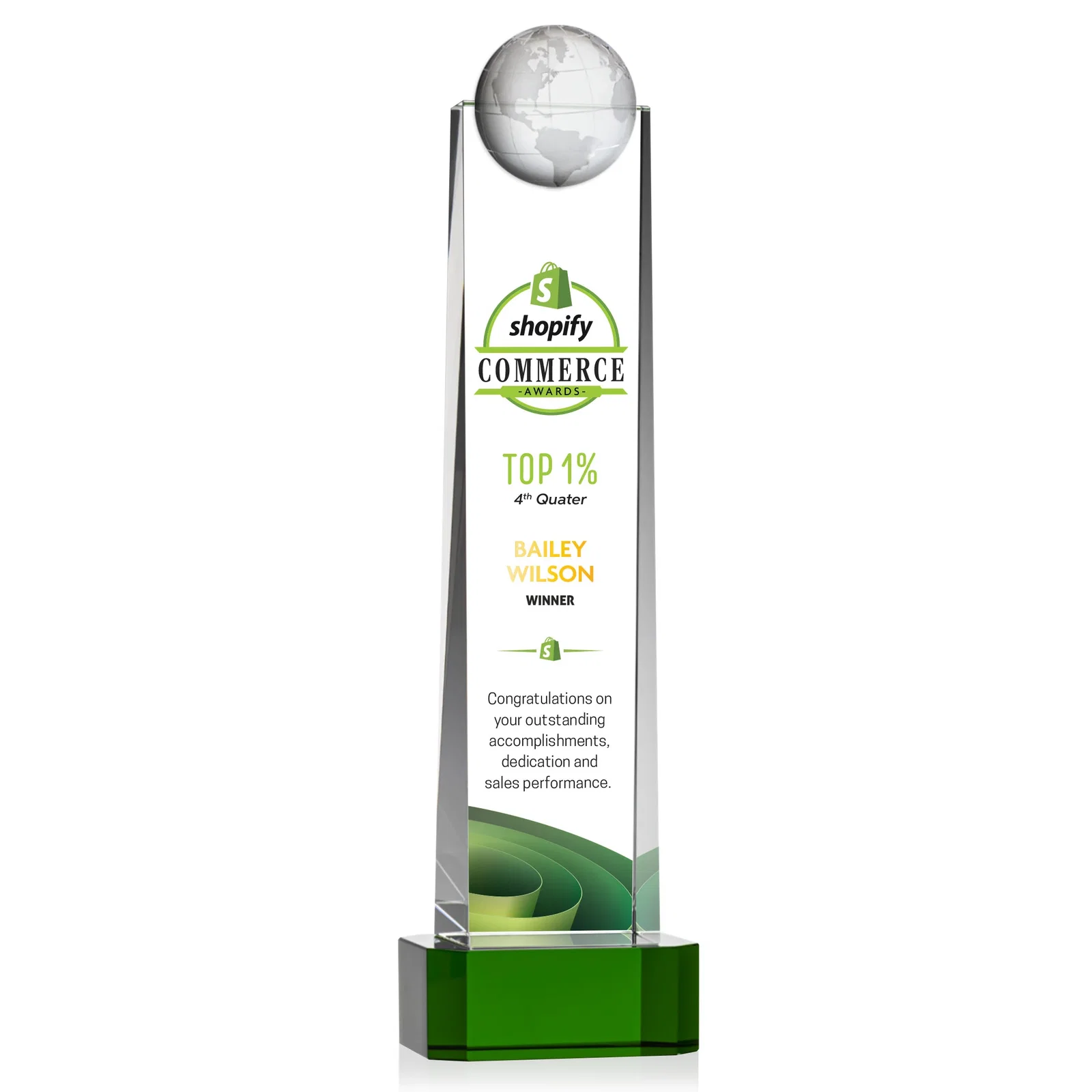Promotional Optical Crystal Tower Award With a Front-Mounted 3D Globe for team milestone celebrations