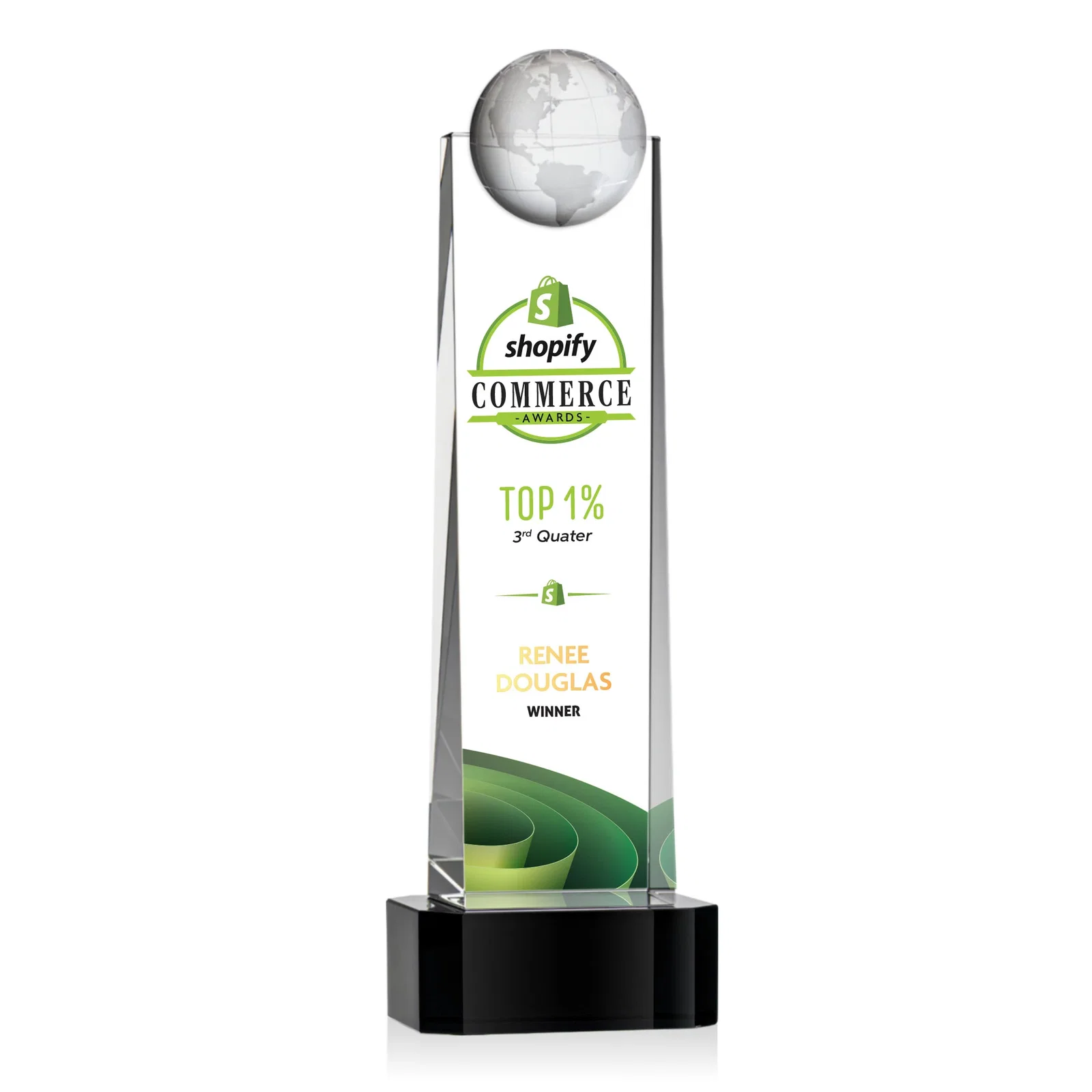Promotional Optical Crystal Tower Award With a Front-Mounted 3D Globe for volunteer appreciation
