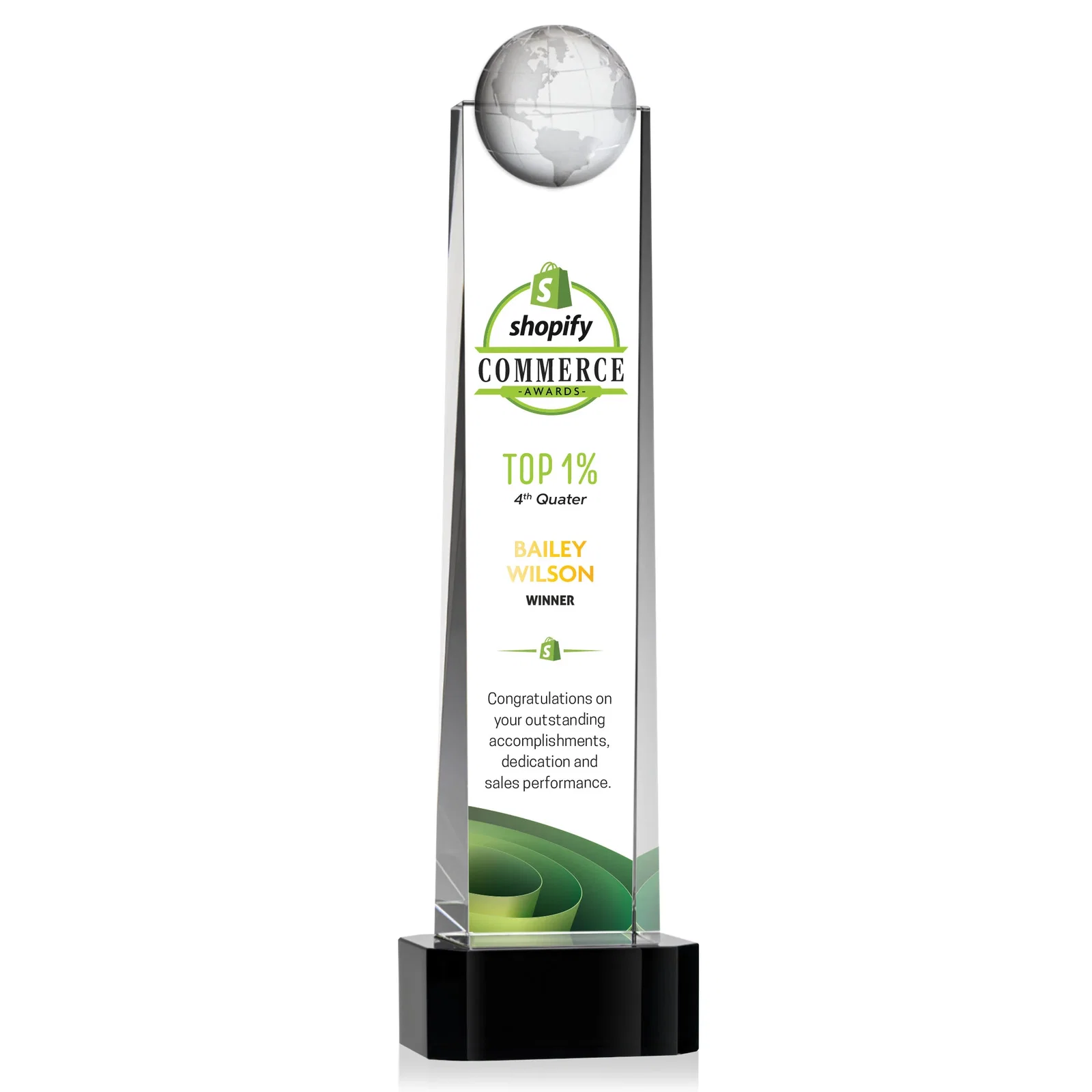 Promotional Optical Crystal Tower Award With a Front-Mounted 3D Globe for dealer and partner awards
