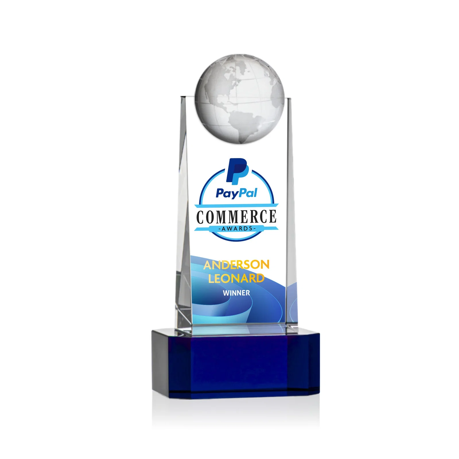 Branded Optical Crystal Tower Award With a Front-Mounted 3D Globe for employee recognition