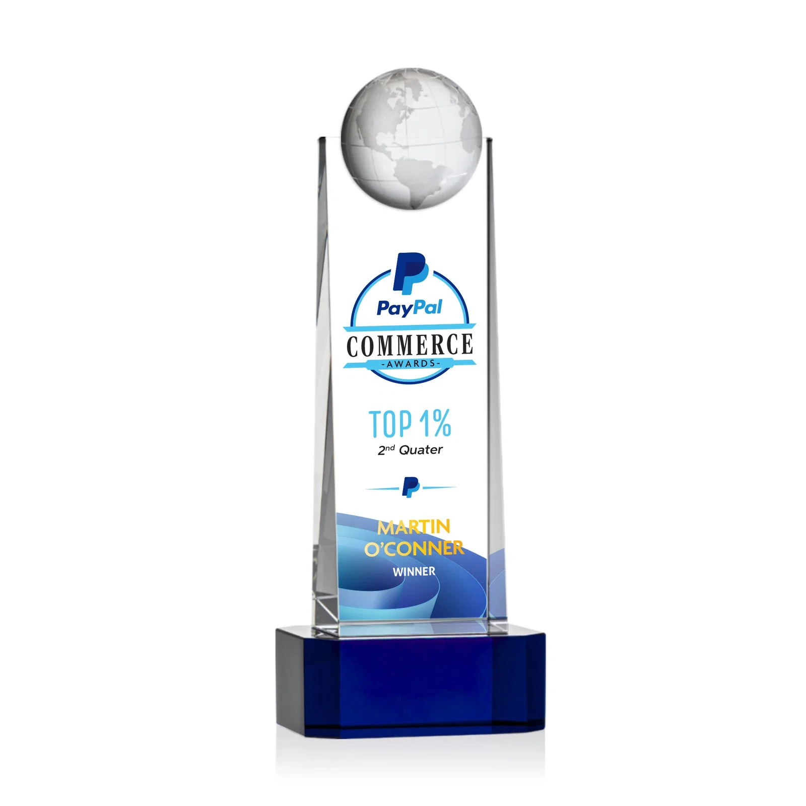 Branded Optical Crystal Tower Award With a Front-Mounted 3D Globe for corporate award ceremonies